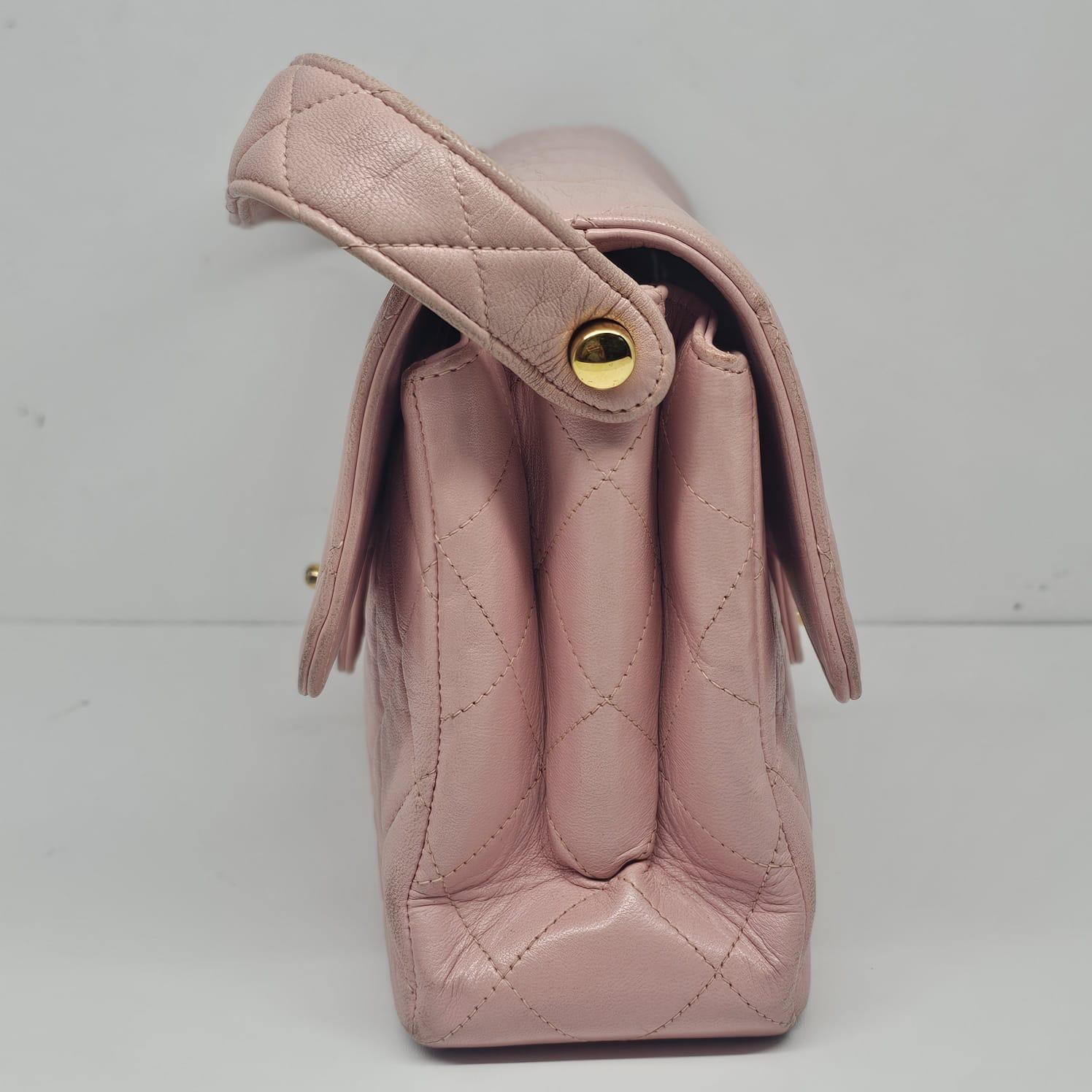 Brown Vintage 1990s Chanel Pink Sakura Medium Lambskin Biface Top Handle Bag For Sale