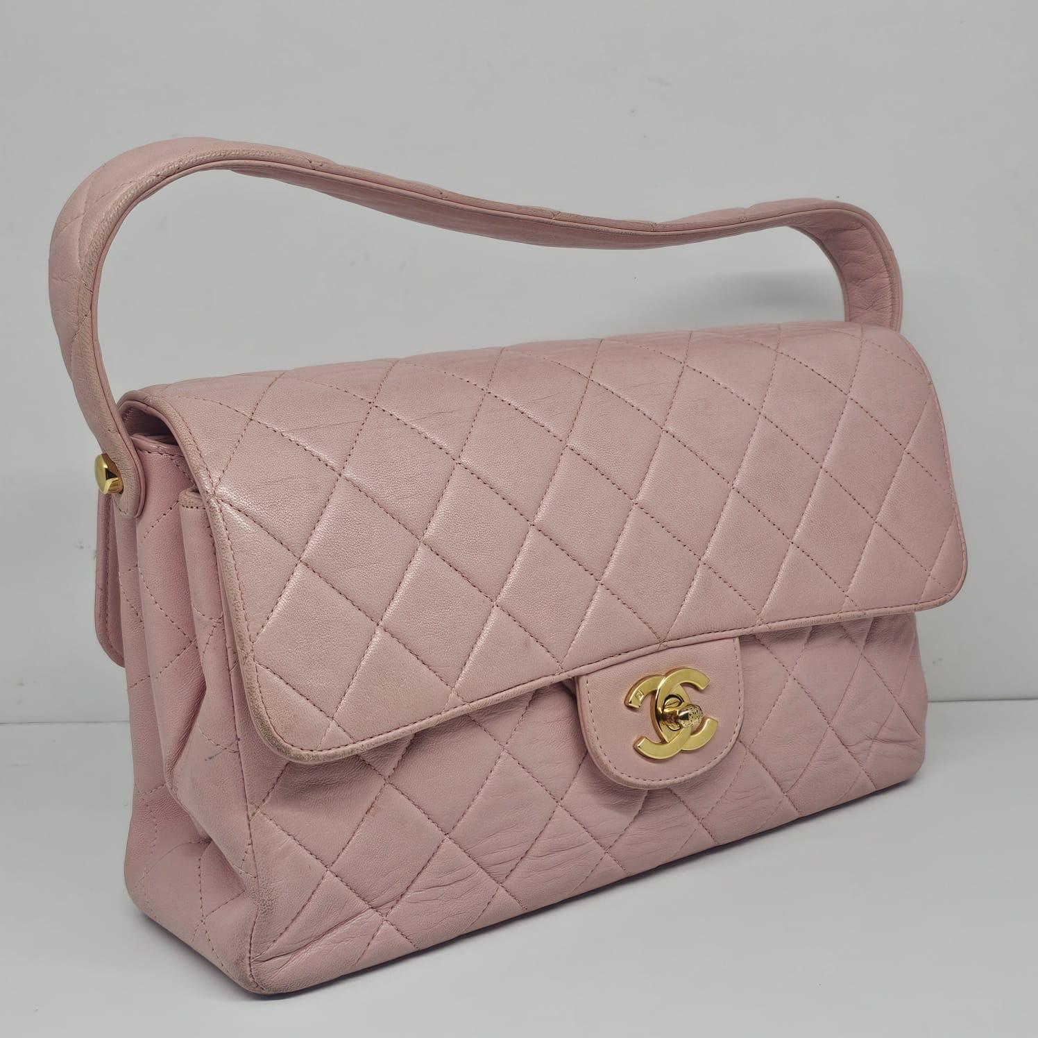 Vintage 1990s Chanel Pink Sakura Medium Lambskin Biface Top Handle Bag For Sale 1