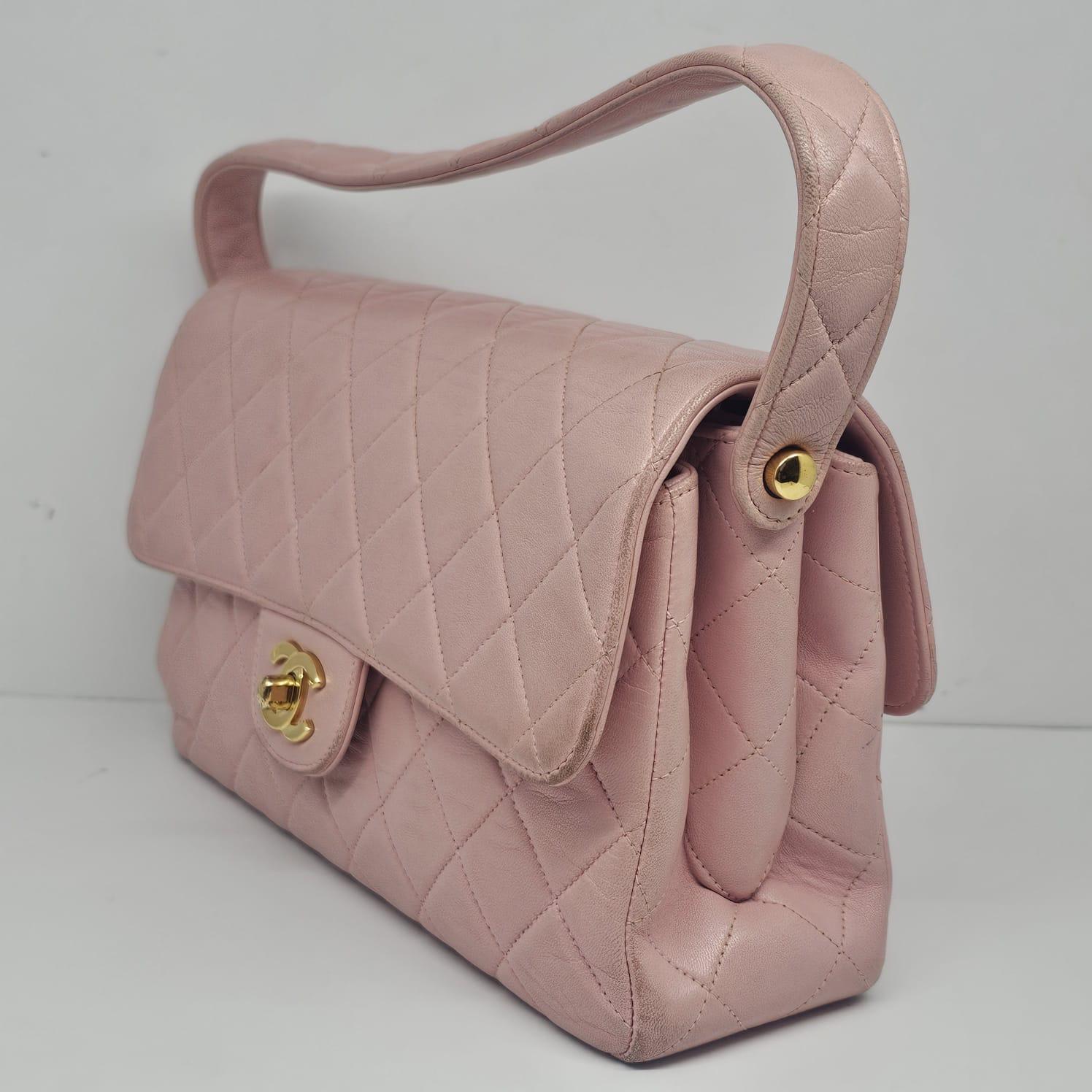 Vintage 1990s Chanel Pink Sakura Medium Lambskin Biface Top Handle Bag For Sale 3