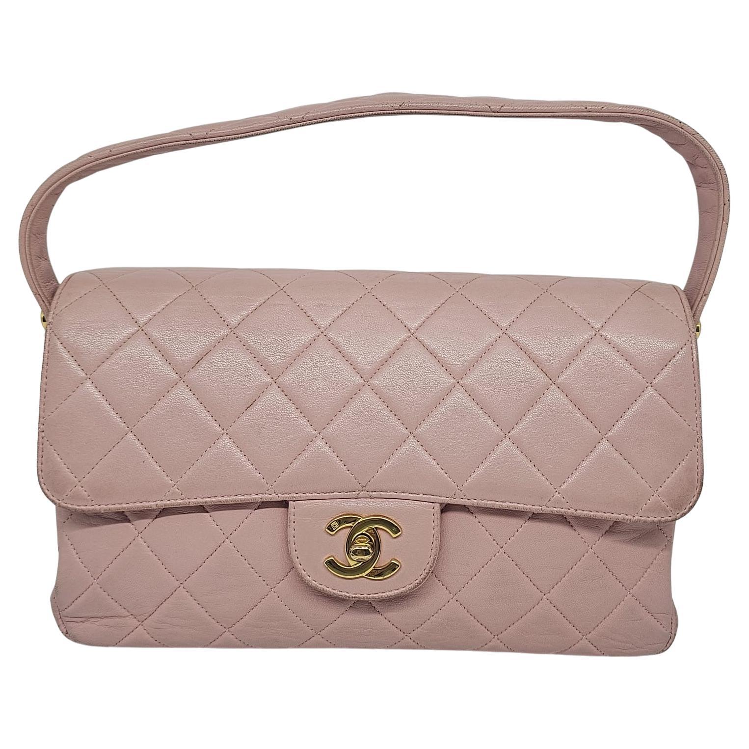 Vintage 1990s Chanel Pink Sakura Medium Lambskin Biface Top Handle Bag For Sale