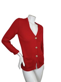 Vintage 1990s Chanel Red 100% Cashmere Cardigan with Jeweled CC Buttons
