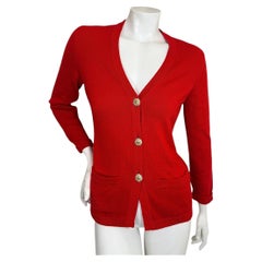 Vintage 1990s Chanel Red 100% Cashmere Cardigan with Jeweled CC Buttons