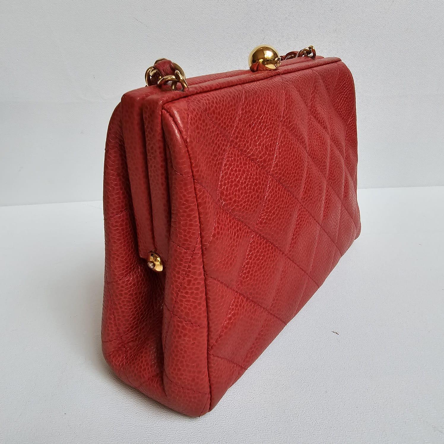 Vintage 1990s Chanel Red Caviar Quilted Mini Purse Sling Bag For Sale 7