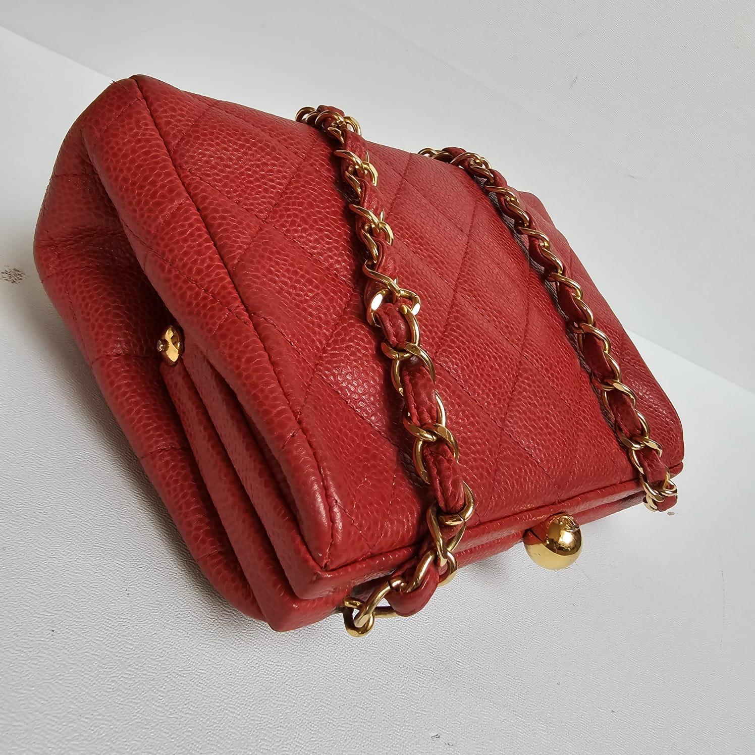 Vintage 1990s Chanel Red Caviar Quilted Mini Purse Sling Bag For Sale 8