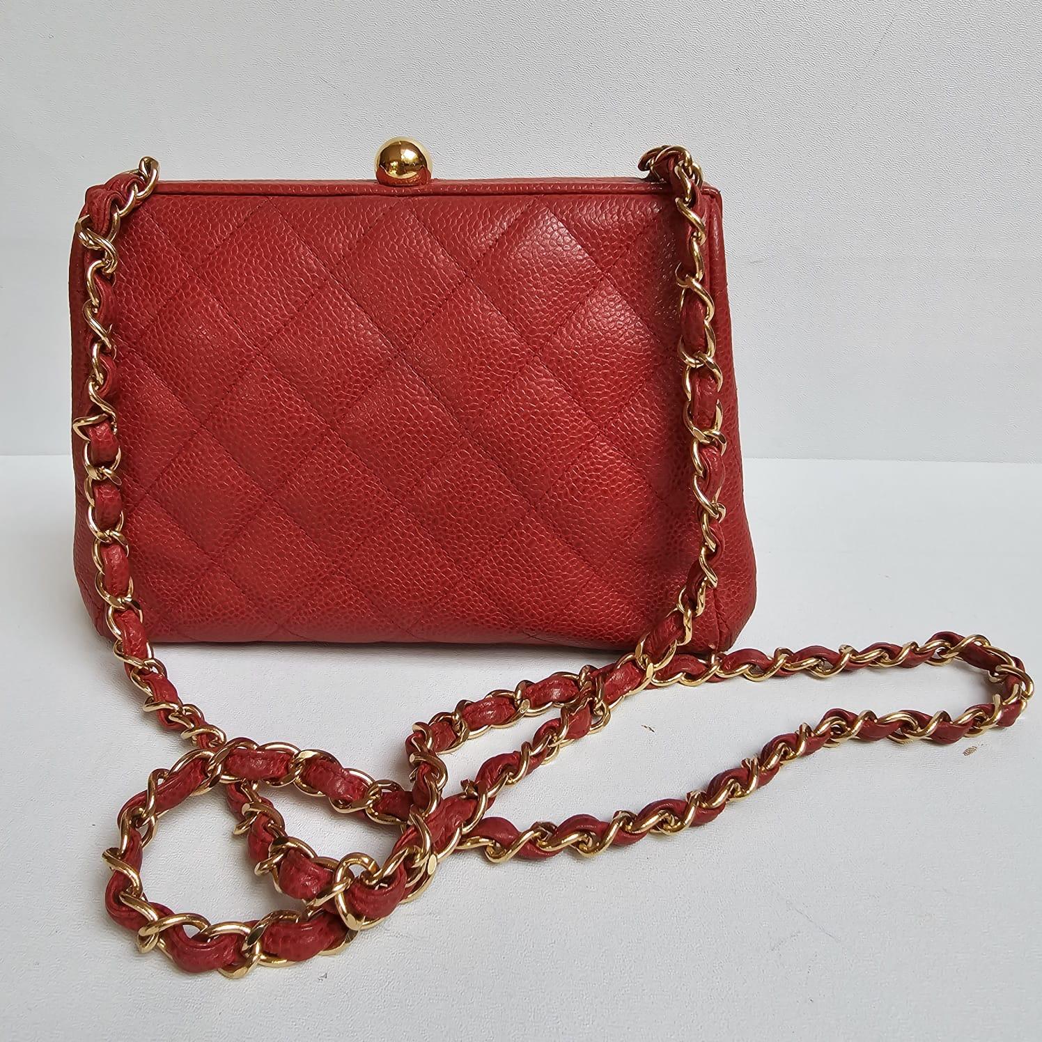 Vintage 1990s Chanel Red Caviar Quilted Mini Purse Sling Bag For Sale 9