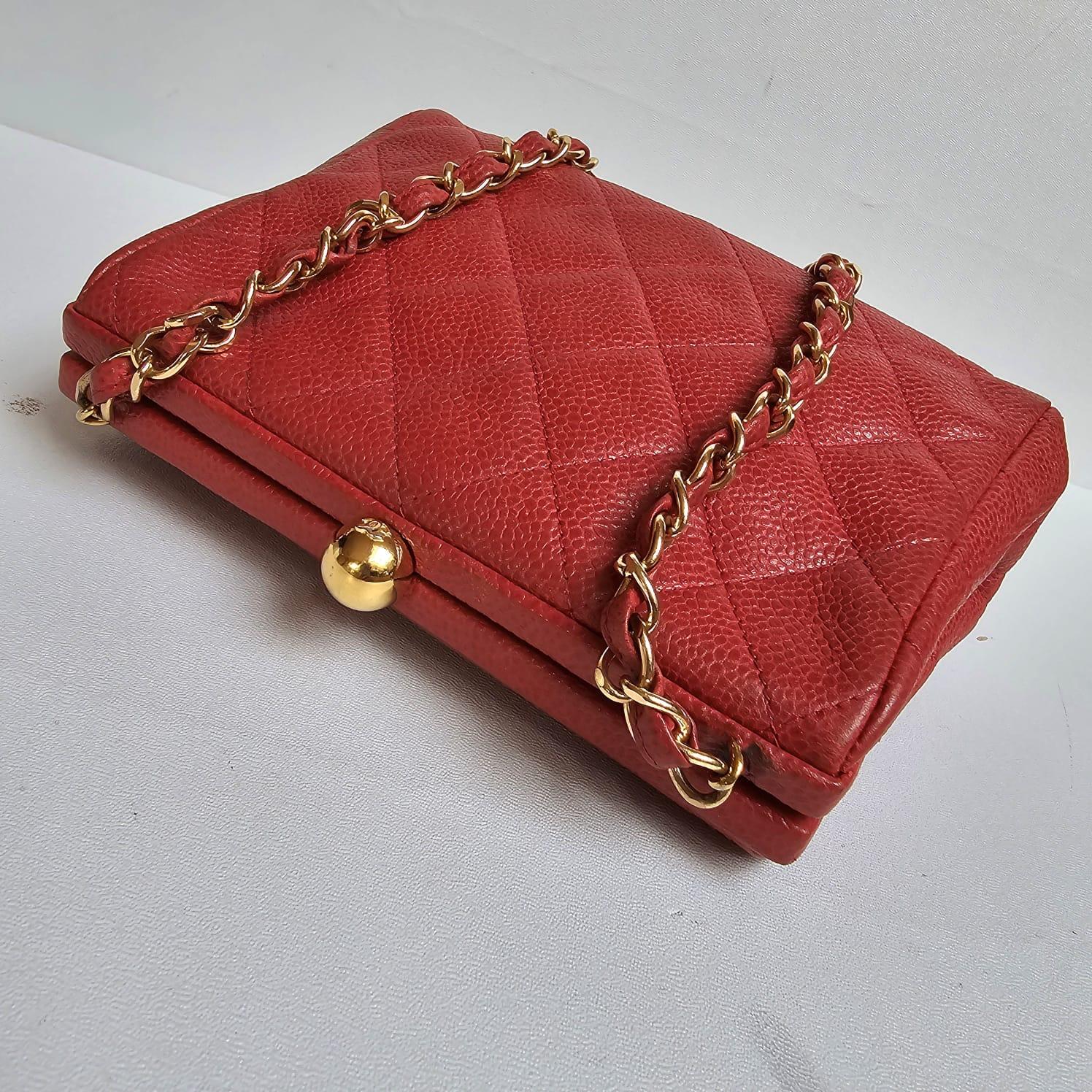 Vintage 1990s Chanel Red Caviar Quilted Mini Purse Sling Bag For Sale 11