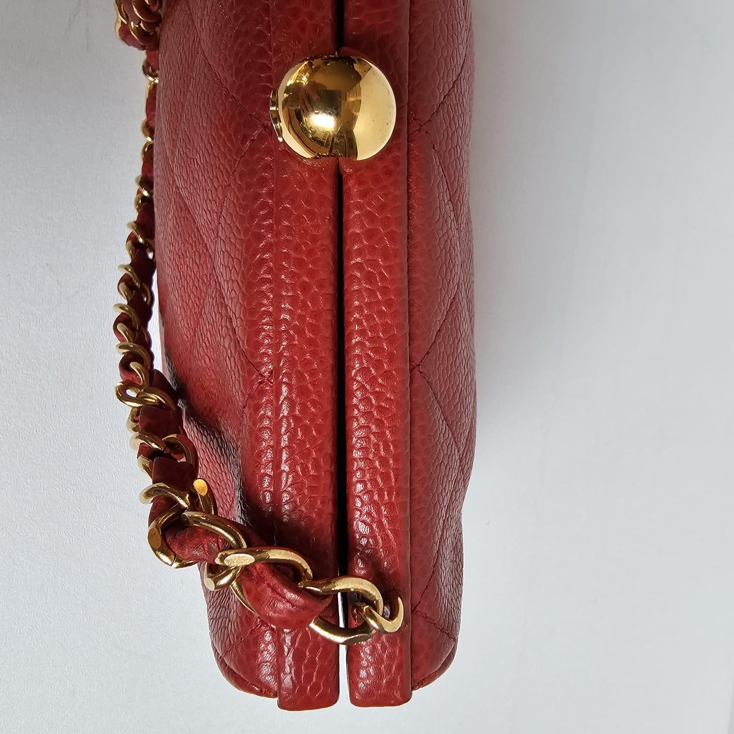 Vintage 1990s Chanel Red Caviar Quilted Mini Purse Sling Bag For Sale 12
