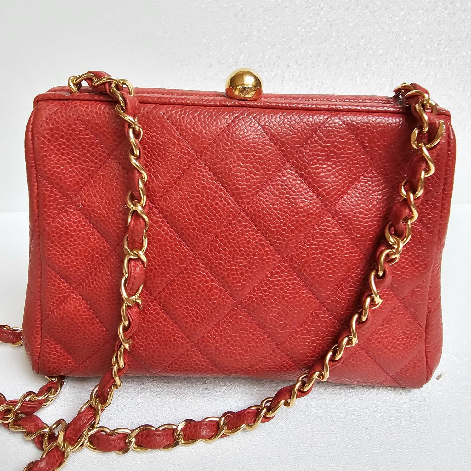 Vintage 1990s Chanel Red Caviar Quilted Mini Purse Sling Bag For Sale 13