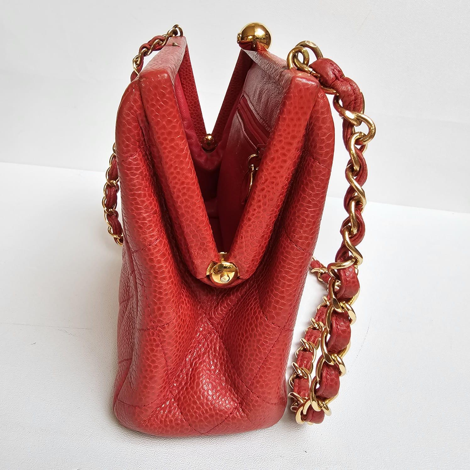 Vintage 1990s Chanel Red Caviar Quilted Mini Purse Sling Bag For Sale 14