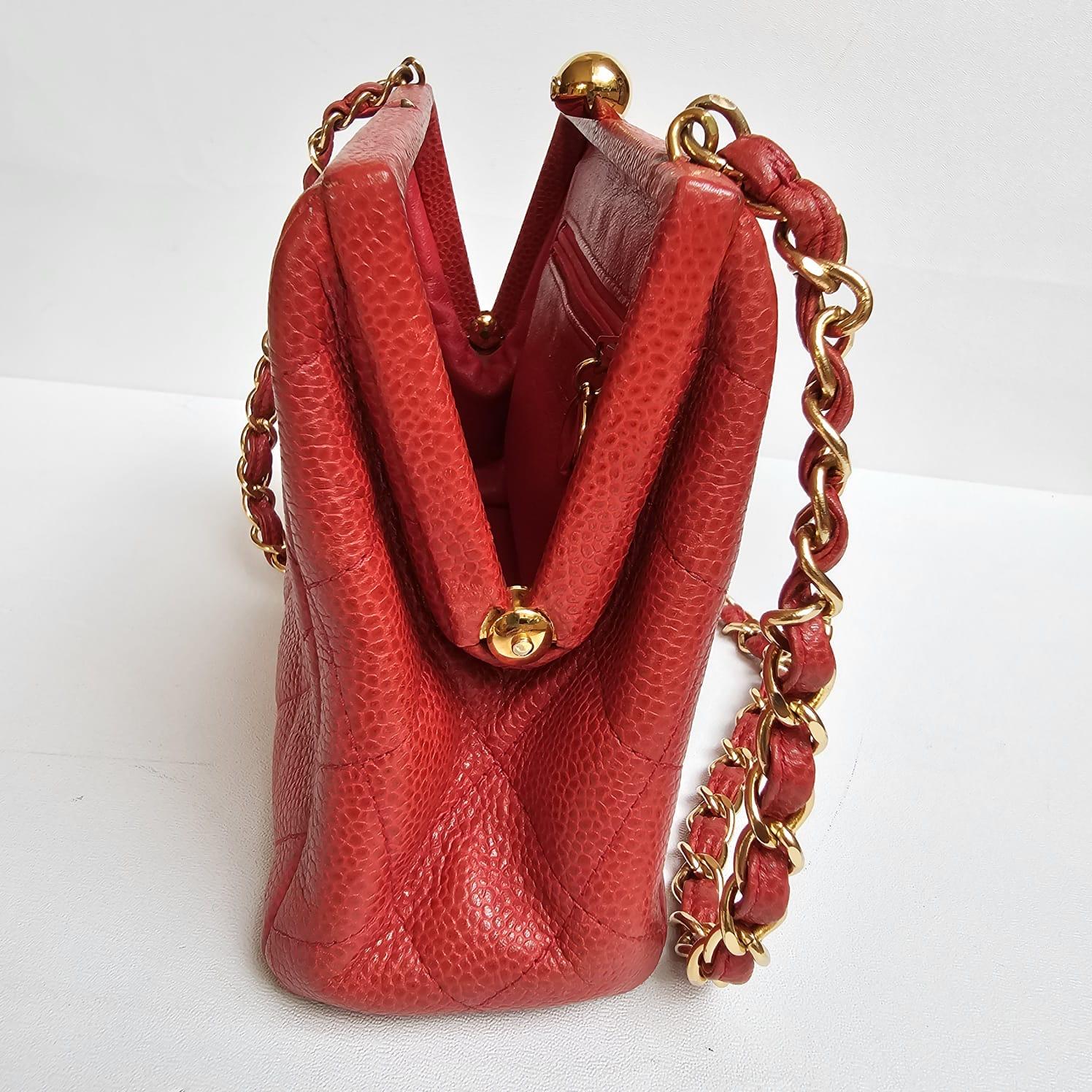 Vintage 1990s Chanel Red Caviar Quilted Mini Purse Sling Bag For Sale 13