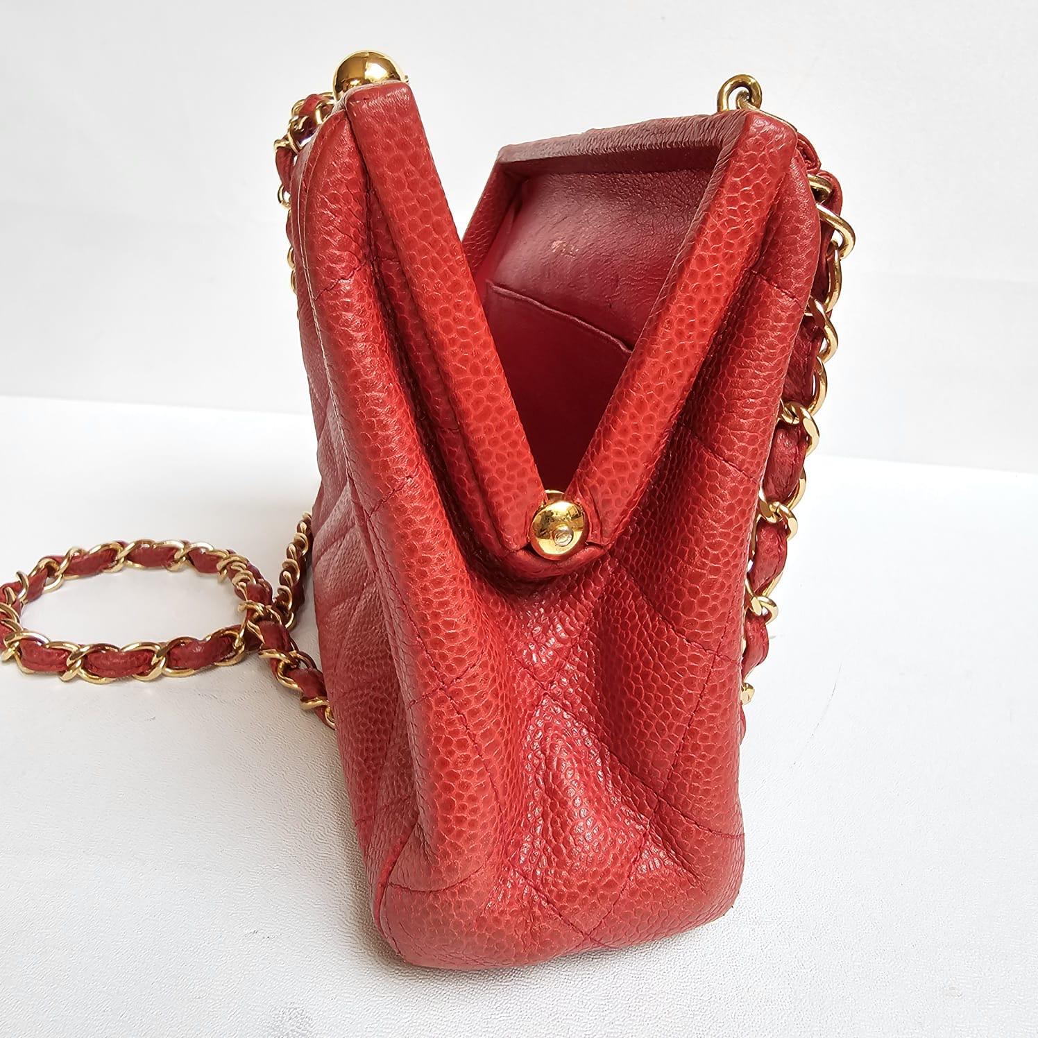Vintage 1990s Chanel Red Caviar Quilted Mini Purse Sling Bag For Sale 15