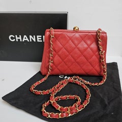 Vintage 1990s Chanel Red Caviar Quilted Mini Purse Sling Bag