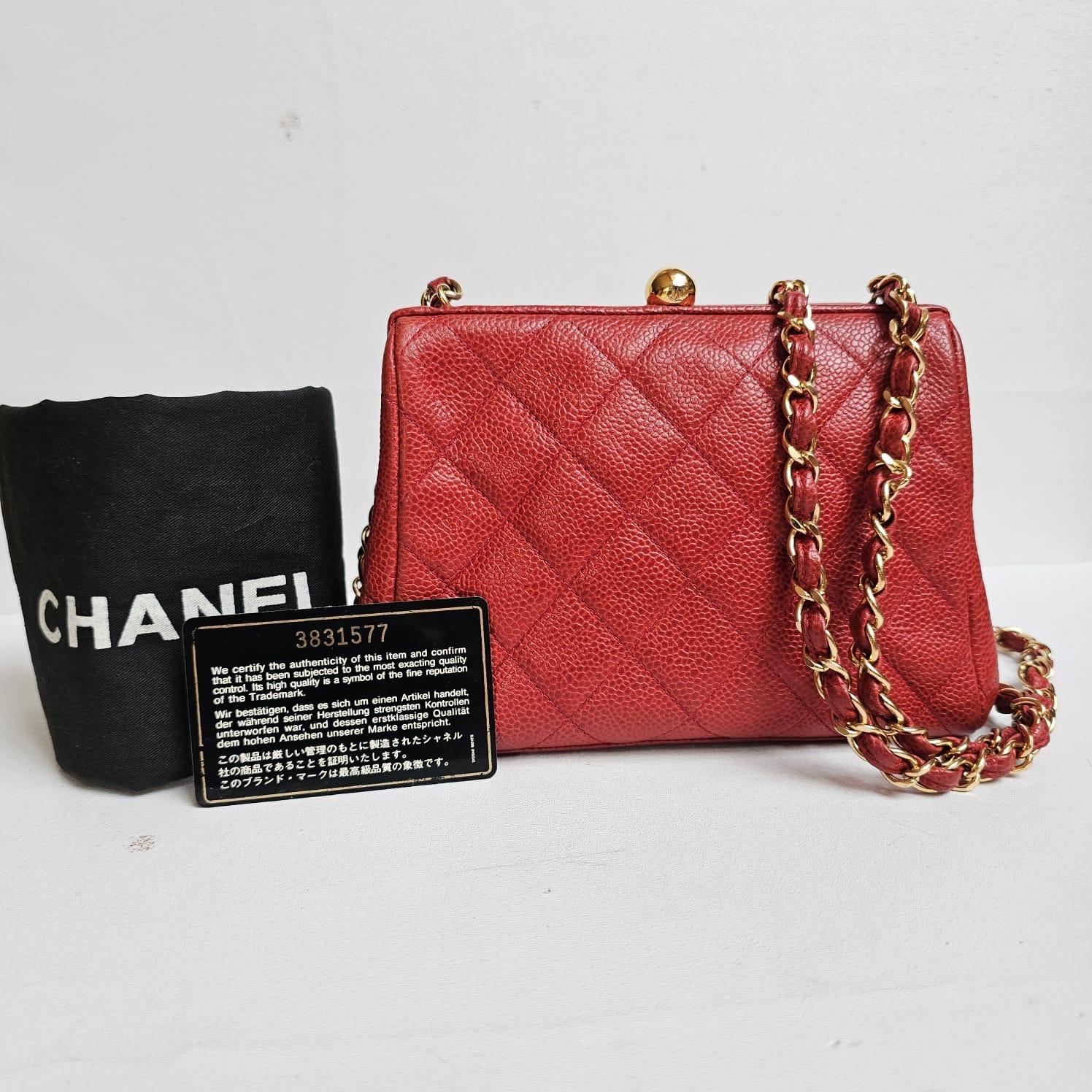 Vintage 1990s Chanel Red Caviar Quilted Mini Purse Sling Bag For Sale 16