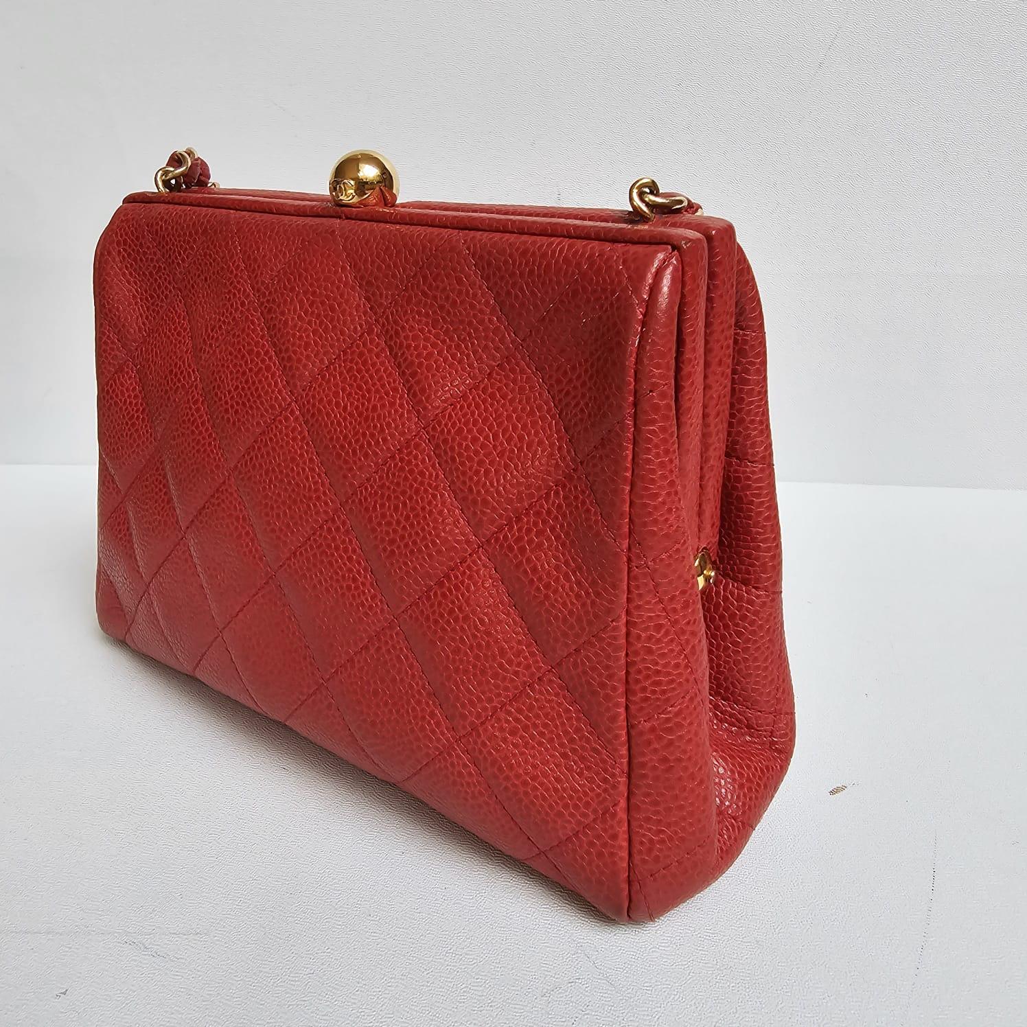 Women's Vintage 1990s Chanel Red Caviar Quilted Mini Purse Sling Bag For Sale
