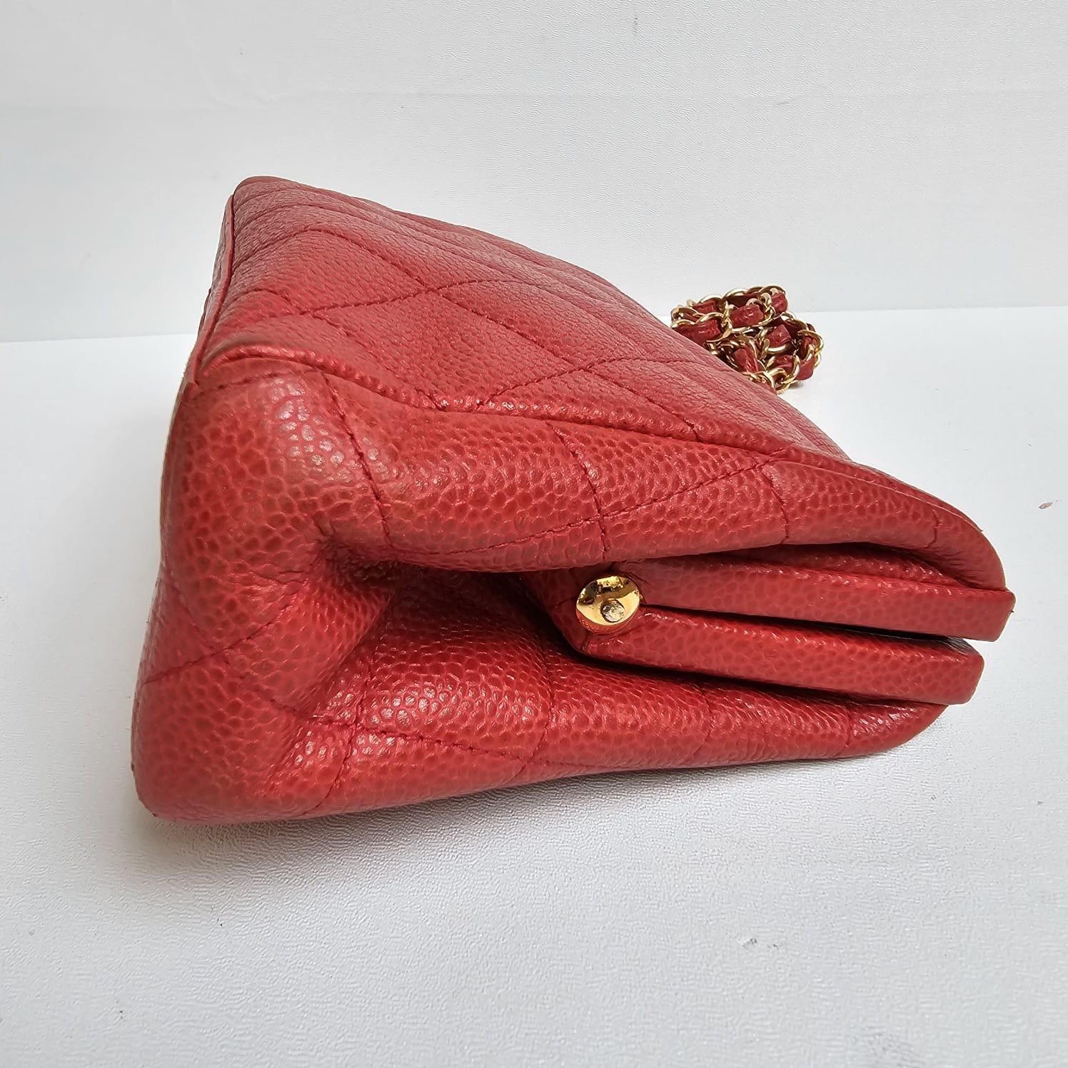 Vintage 1990s Chanel Red Caviar Quilted Mini Purse Sling Bag For Sale 1