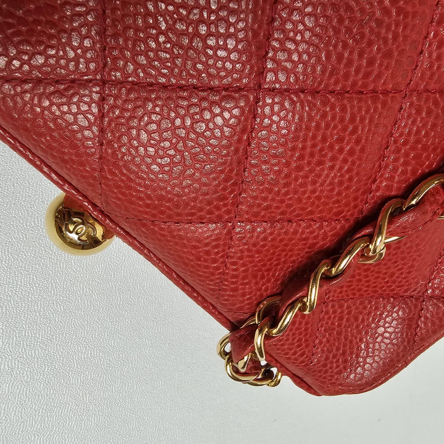Vintage 1990s Chanel Red Caviar Quilted Mini Purse Sling Bag For Sale 2