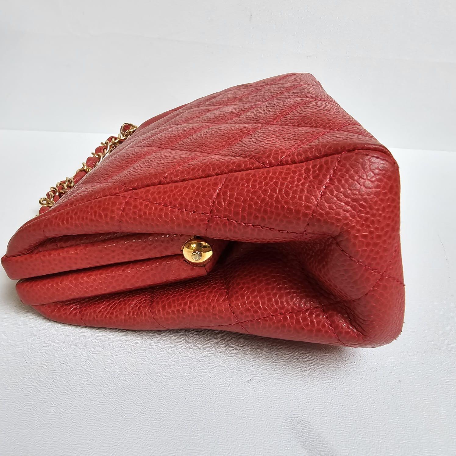 Vintage 1990s Chanel Red Caviar Quilted Mini Purse Sling Bag For Sale 3