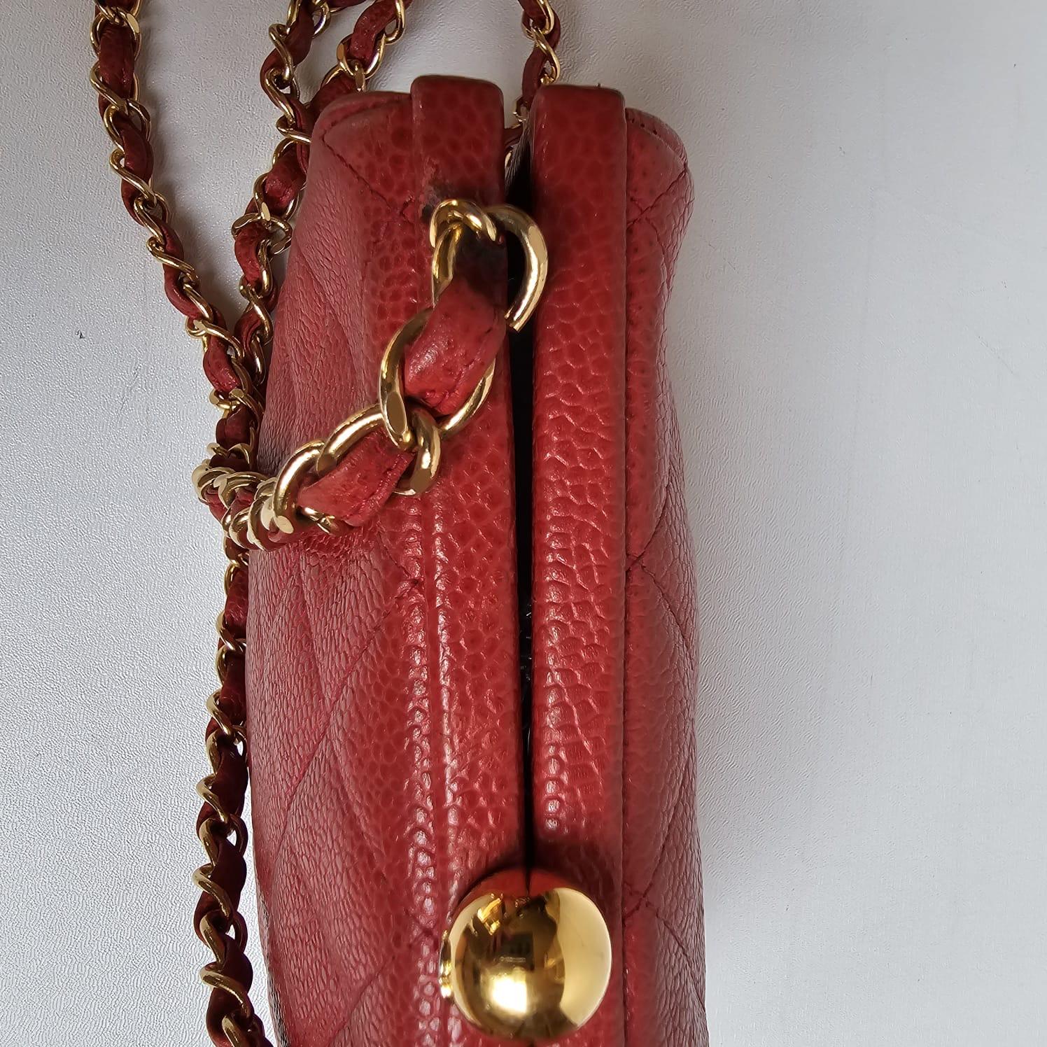 Vintage 1990s Chanel Red Caviar Quilted Mini Purse Sling Bag For Sale 5