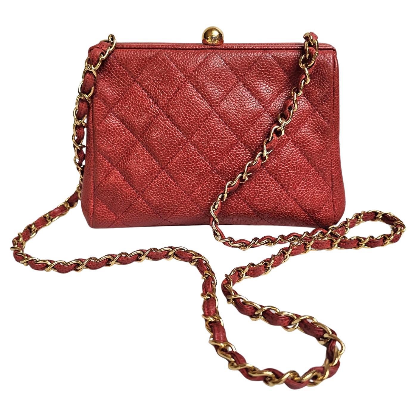 Vintage 1990s Chanel Red Caviar Quilted Mini Purse Sling Bag For Sale