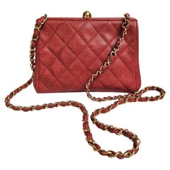 Used 1990s Chanel Red Caviar Quilted Mini Purse Sling Bag
