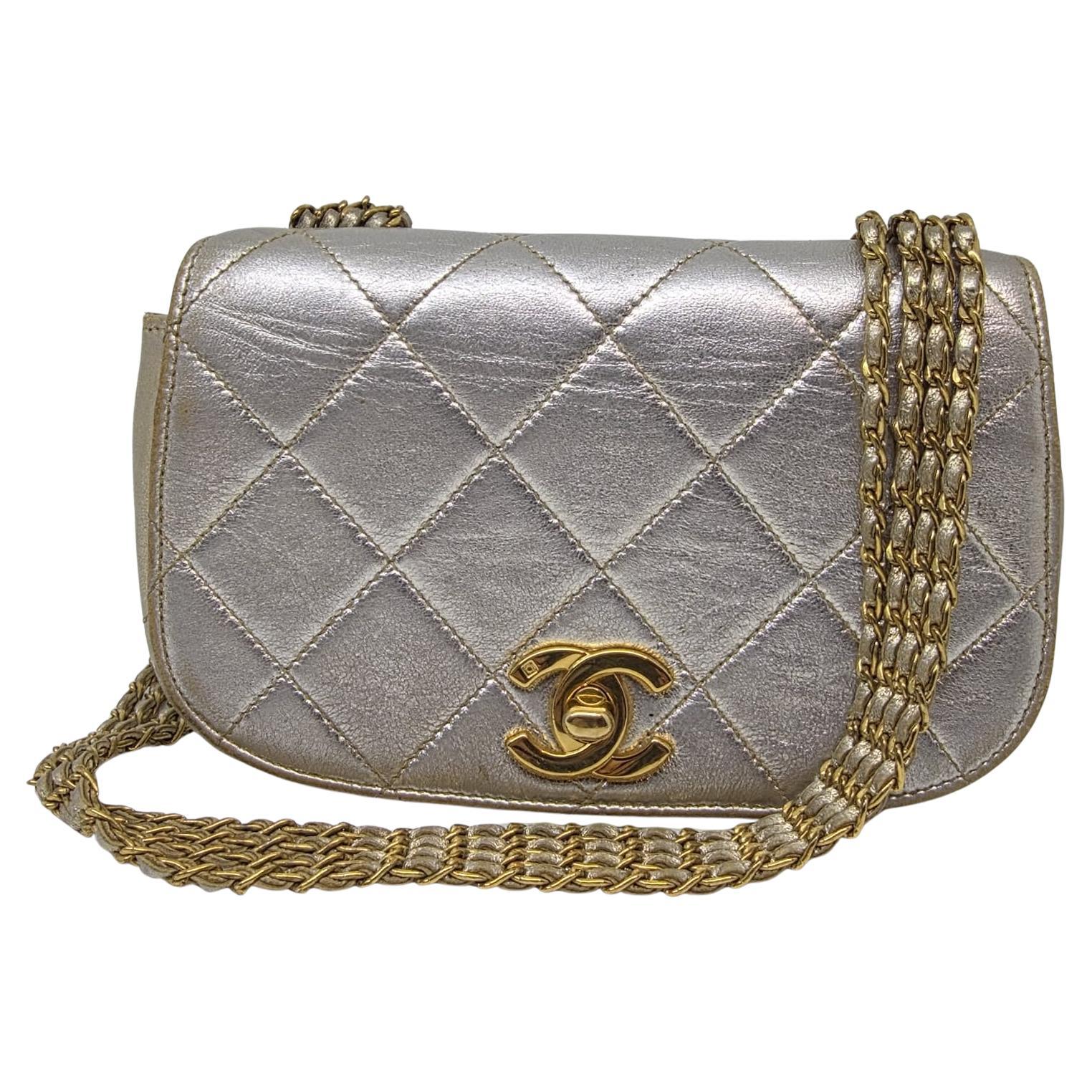 Vintage 1990s Chanel Silber Multi Chain Mini Flap Tasche im Angebot