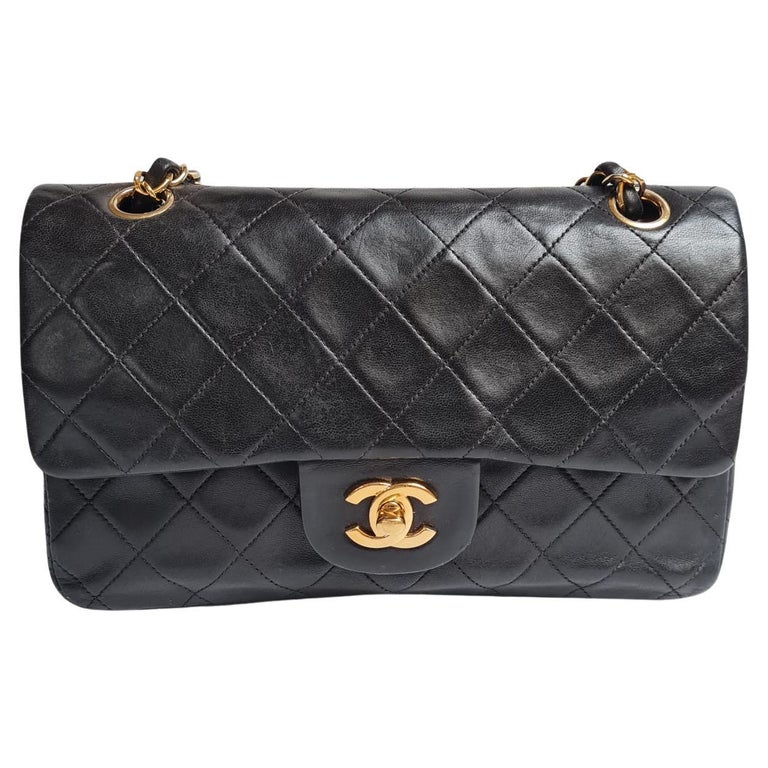 Vintage 1990s Chanel Small Black Lambskin Quilted Double Flap Bag