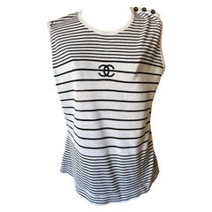 Vintage 1990s Chanel Striped Knit Top with CC Logo and Signature Buttons