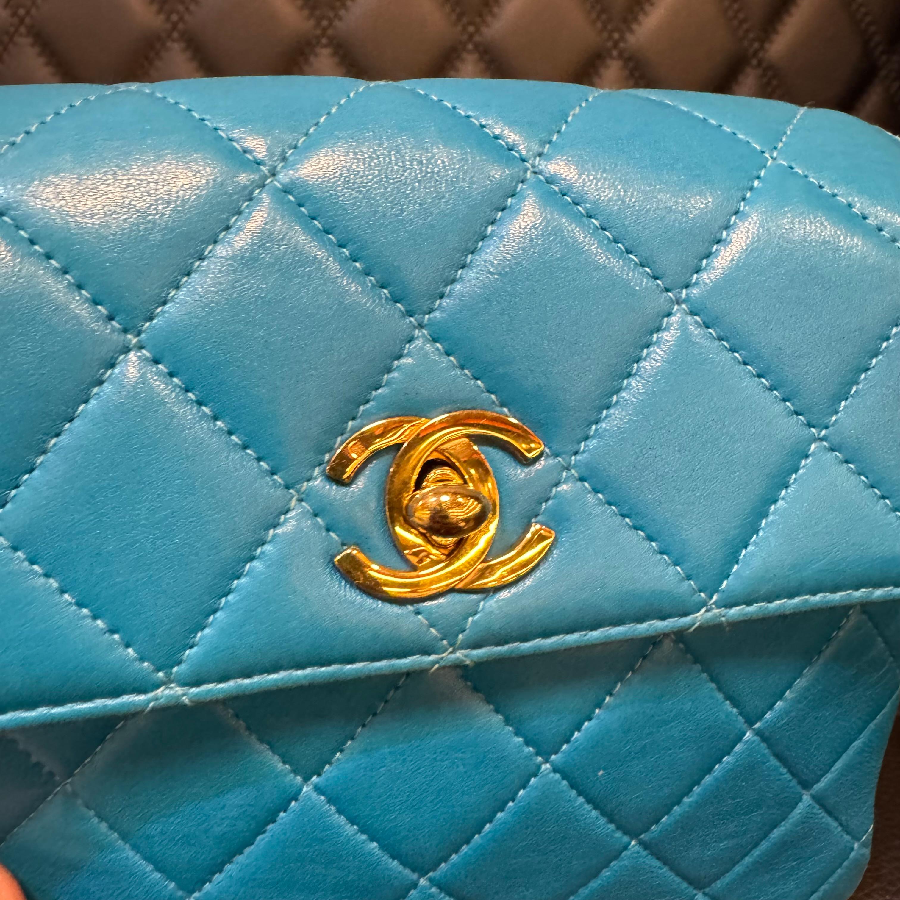 Vintage 1990s Chanel Turquoise Lambskin Quilted Mini Top Handle Flap Bag For Sale 5