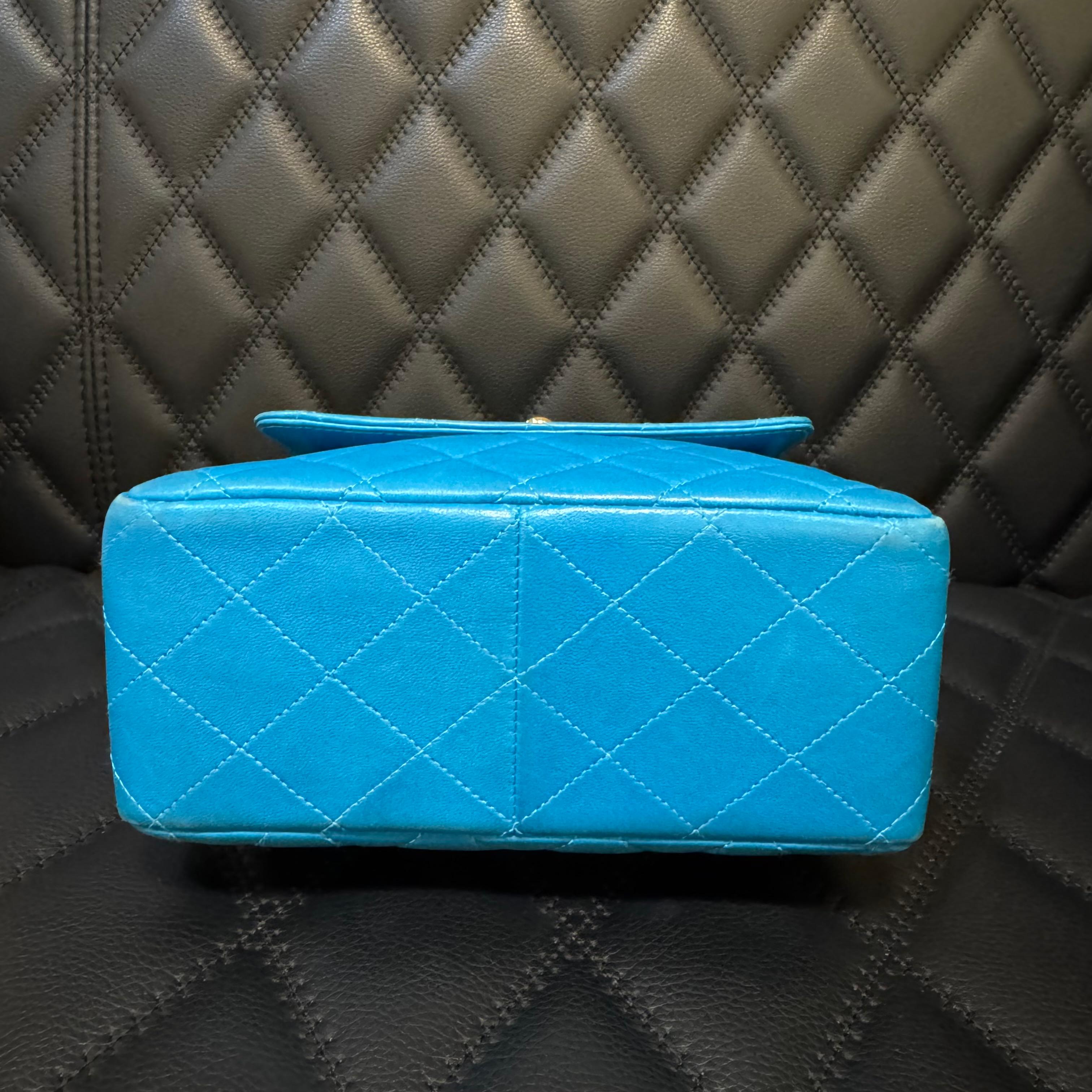 Vintage 1990s Chanel Turquoise Lambskin Quilted Mini Top Handle Flap Bag For Sale 6