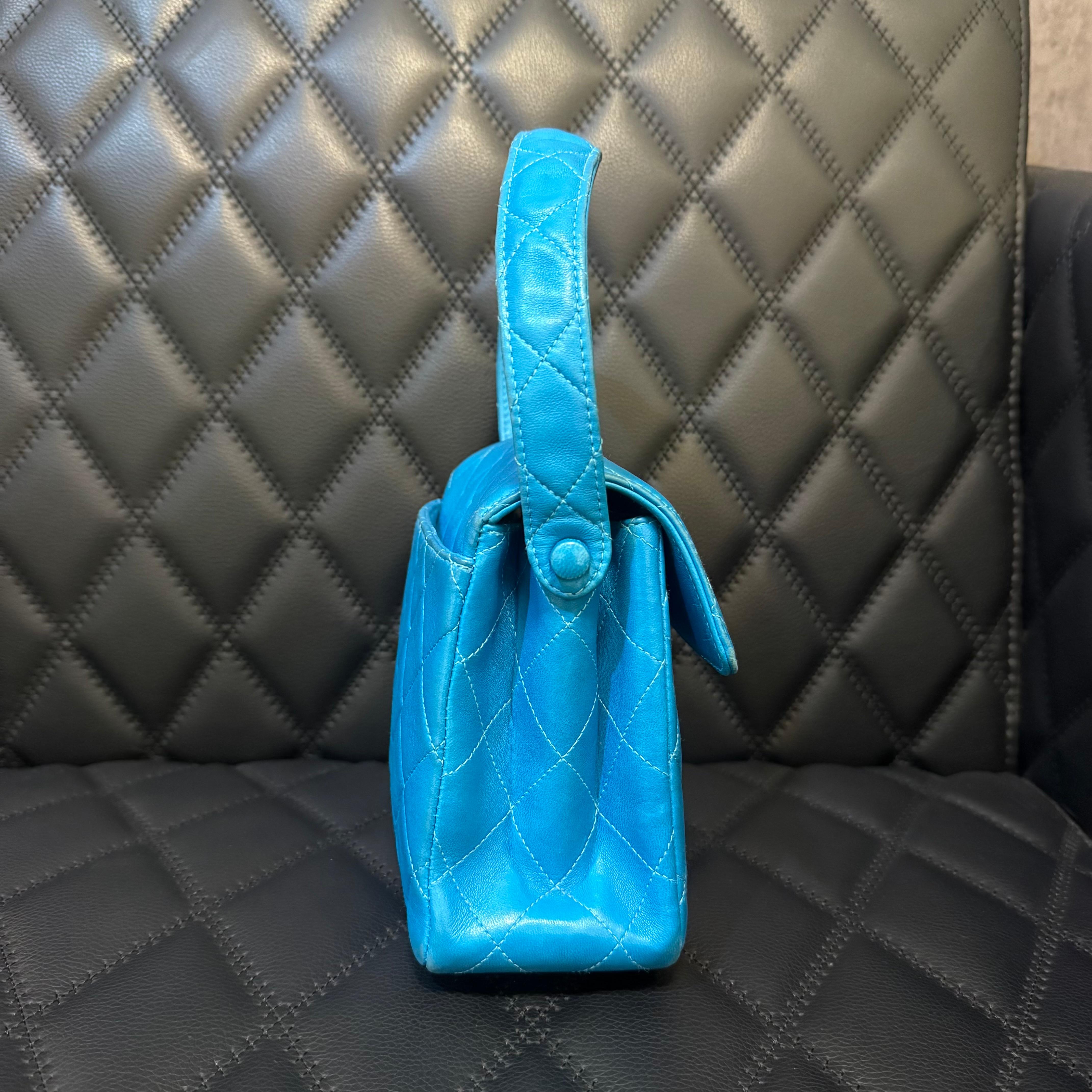 Vintage 1990s Chanel Turquoise Lambskin Quilted Mini Top Handle Flap Bag For Sale 7