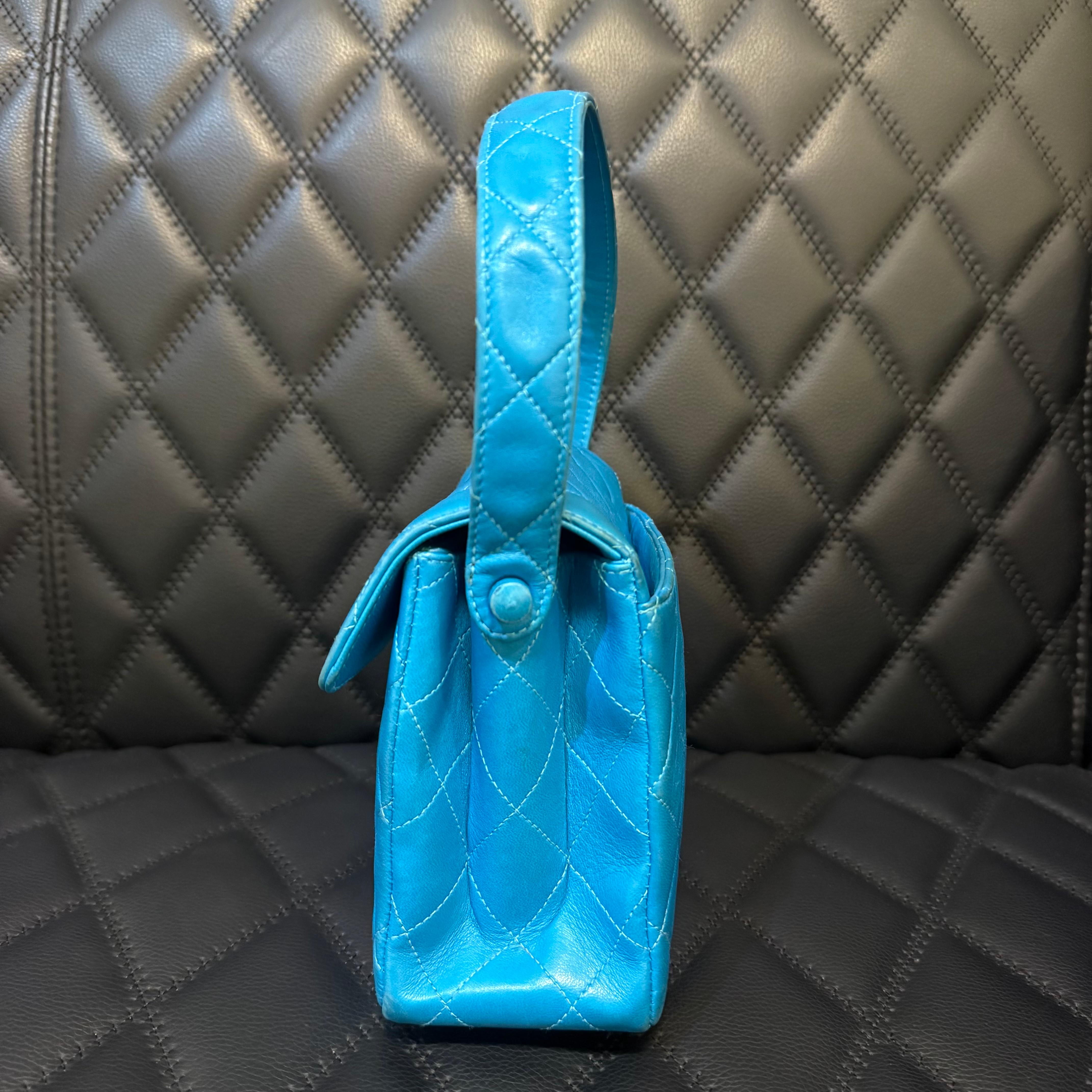 Vintage 1990s Chanel Turquoise Lambskin Quilted Mini Top Handle Flap Bag For Sale 8