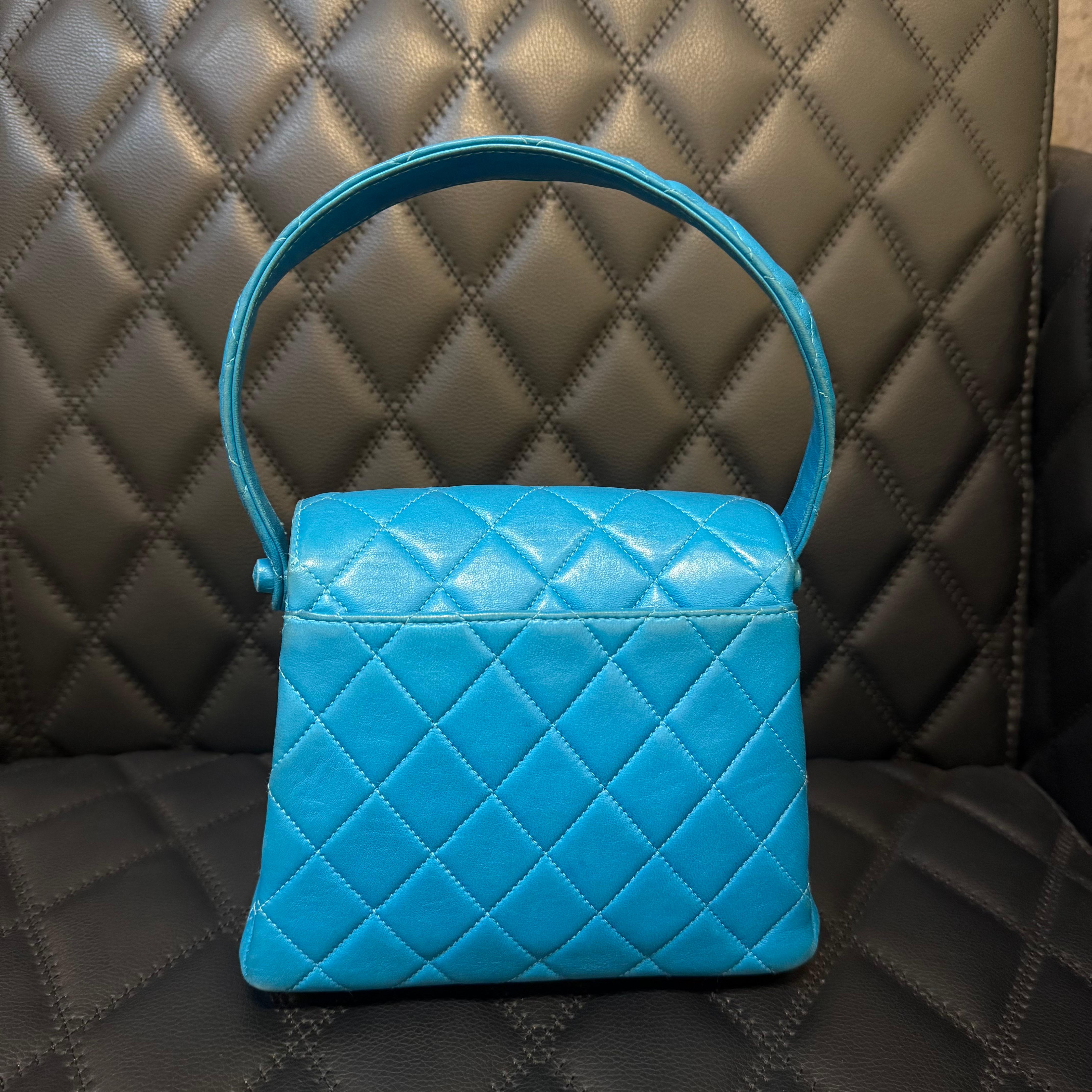 Vintage 1990s Chanel Turquoise Lambskin Quilted Mini Top Handle Flap Bag For Sale 9