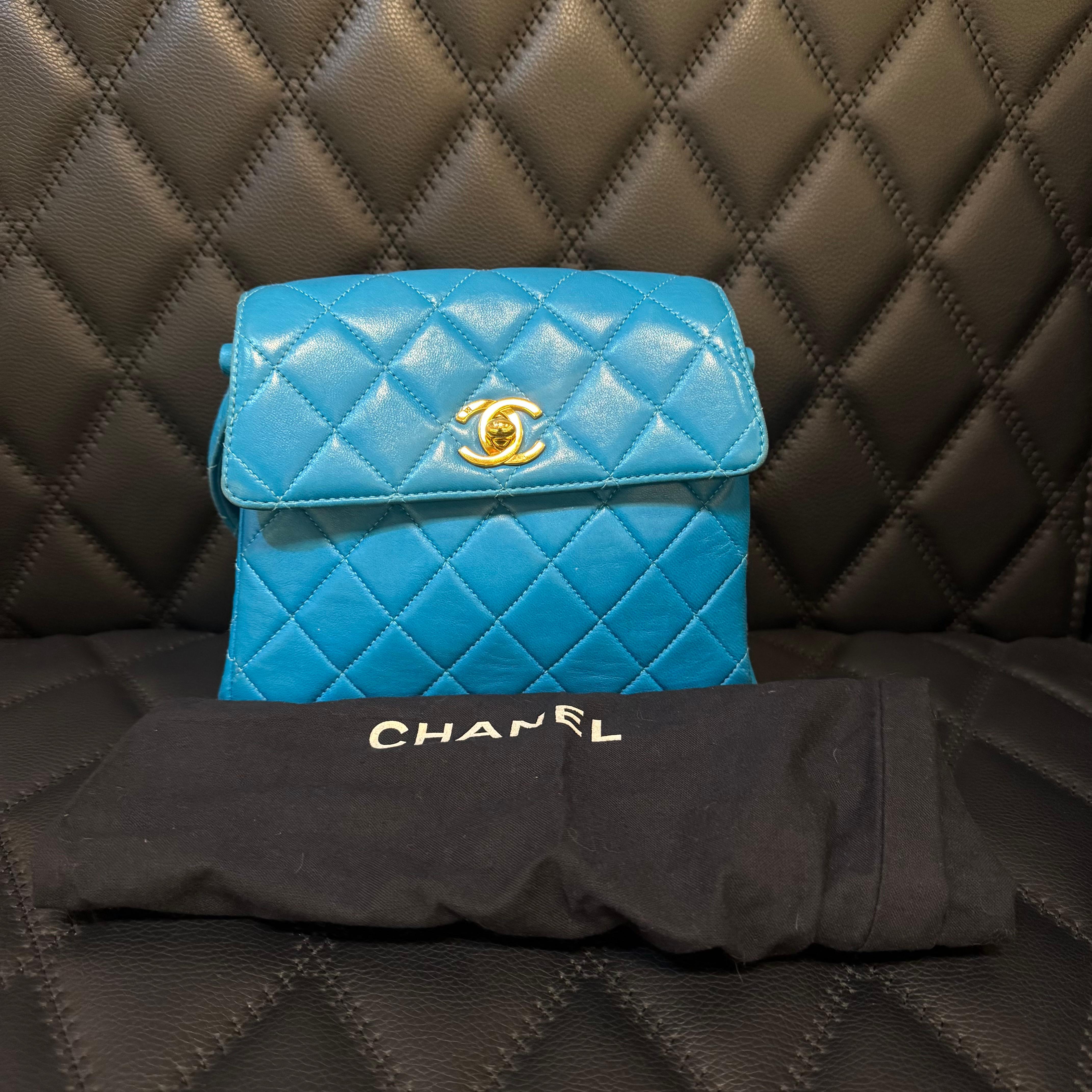 Blue Vintage 1990s Chanel Turquoise Lambskin Quilted Mini Top Handle Flap Bag For Sale