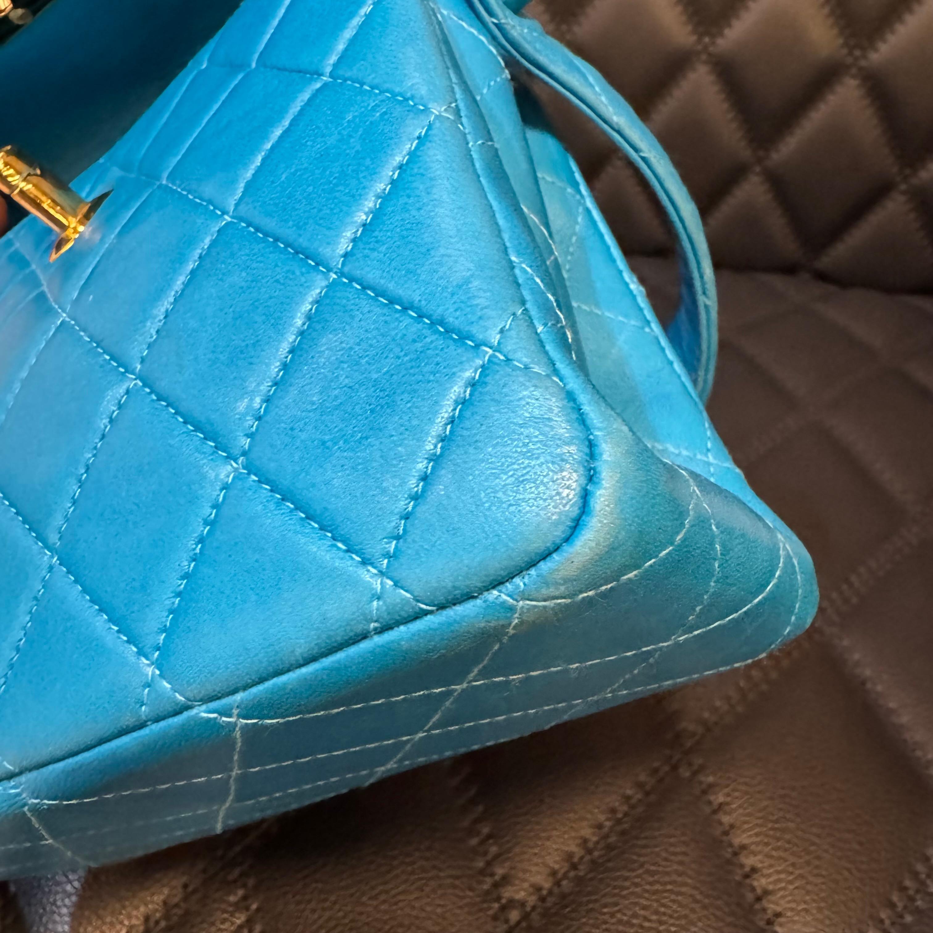 Women's Vintage 1990s Chanel Turquoise Lambskin Quilted Mini Top Handle Flap Bag For Sale