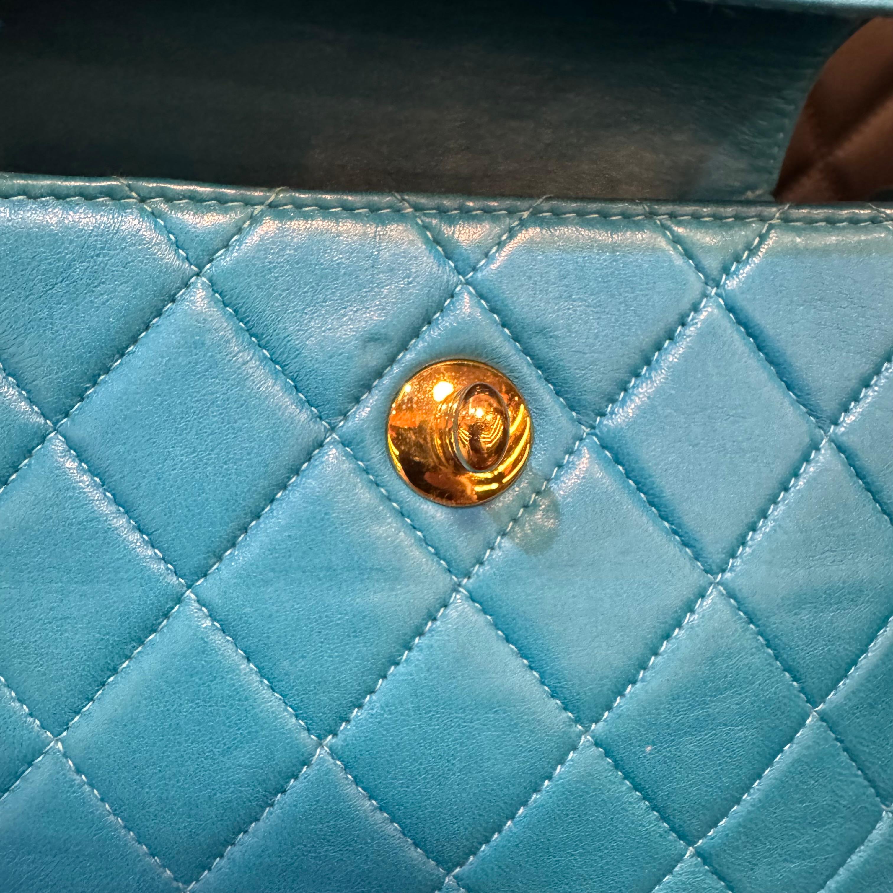 Vintage 1990s Chanel Turquoise Lambskin Quilted Mini Top Handle Flap Bag For Sale 1