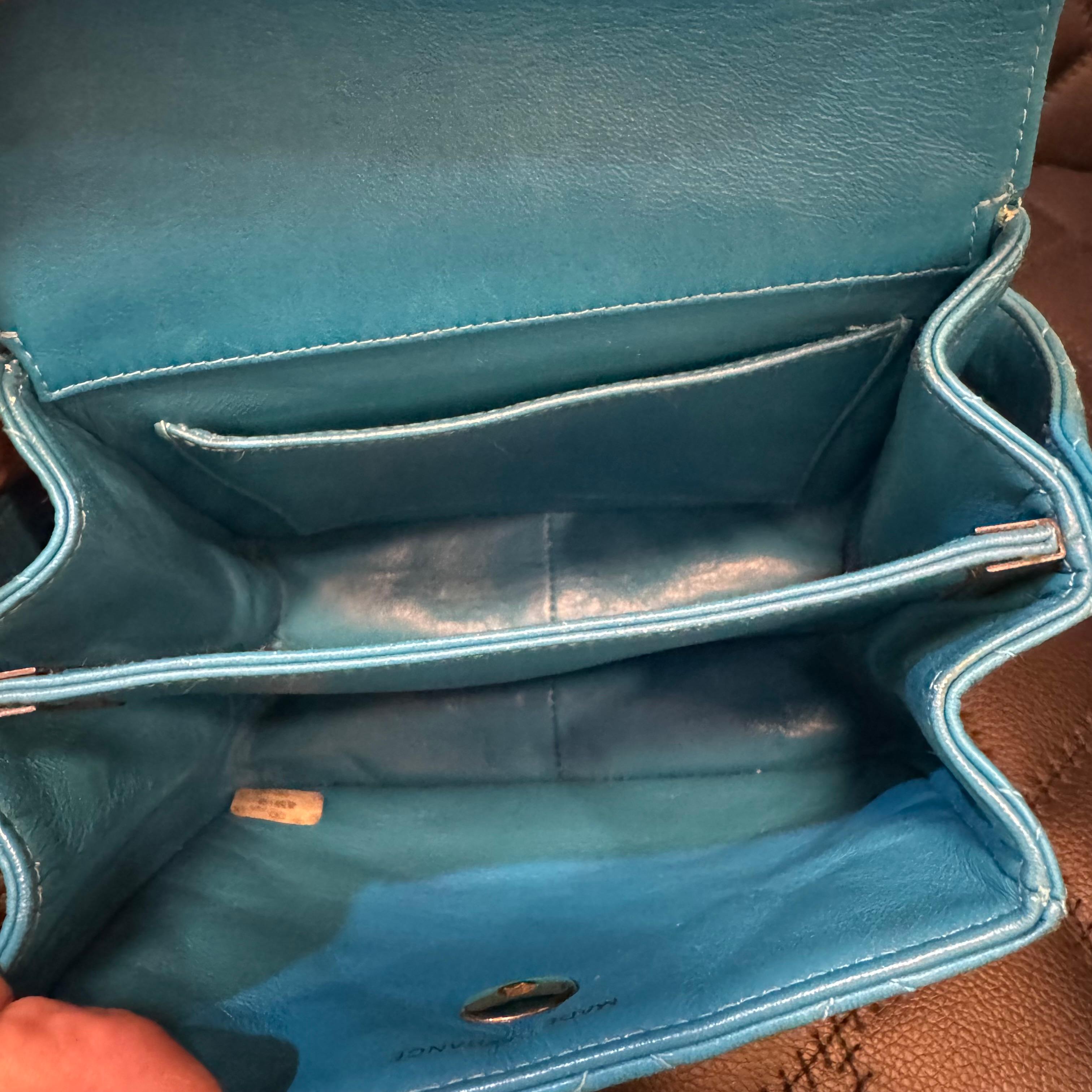 Vintage 1990s Chanel Turquoise Lambskin Quilted Mini Top Handle Flap Bag For Sale 3