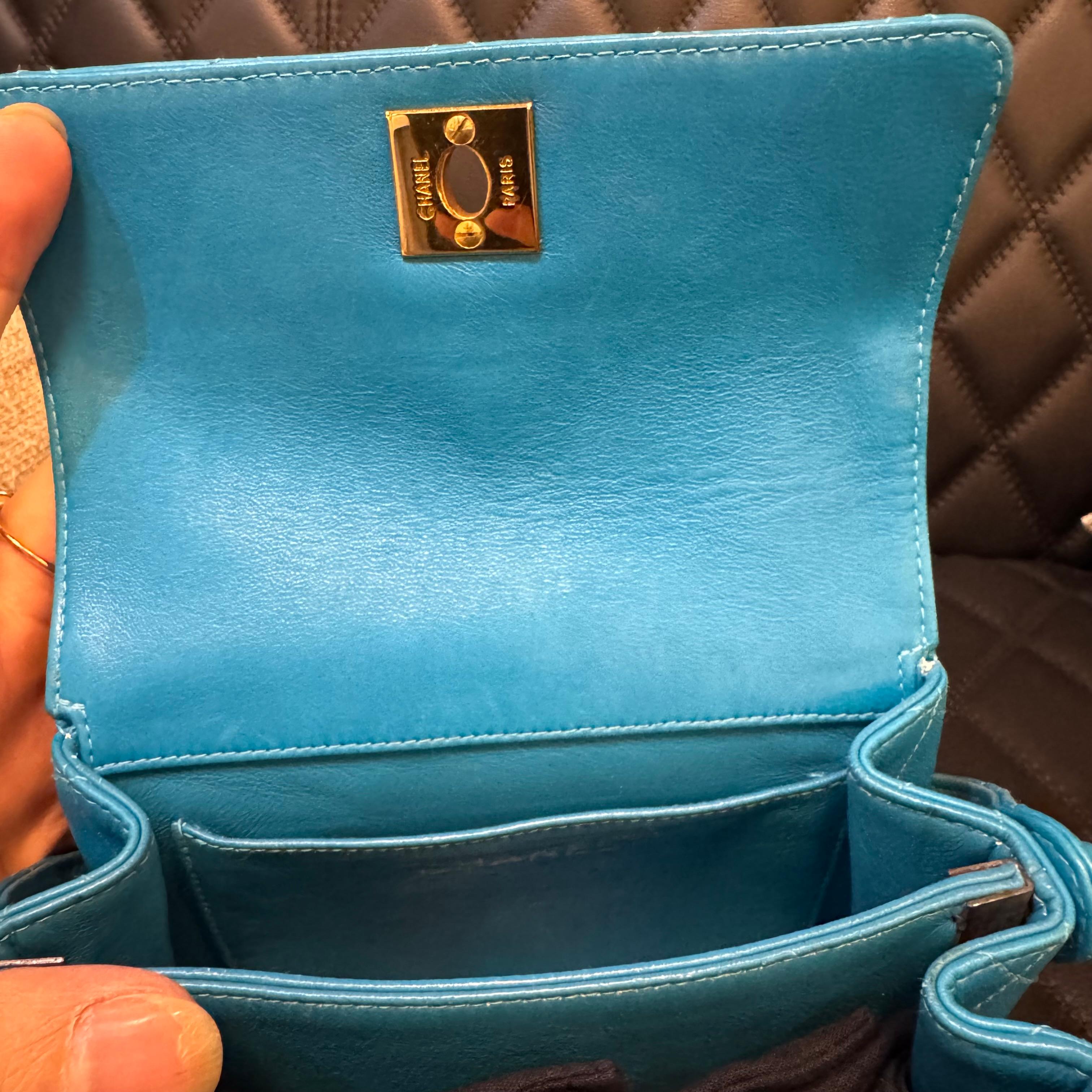 Vintage 1990s Chanel Turquoise Lambskin Quilted Mini Top Handle Flap Bag For Sale 4