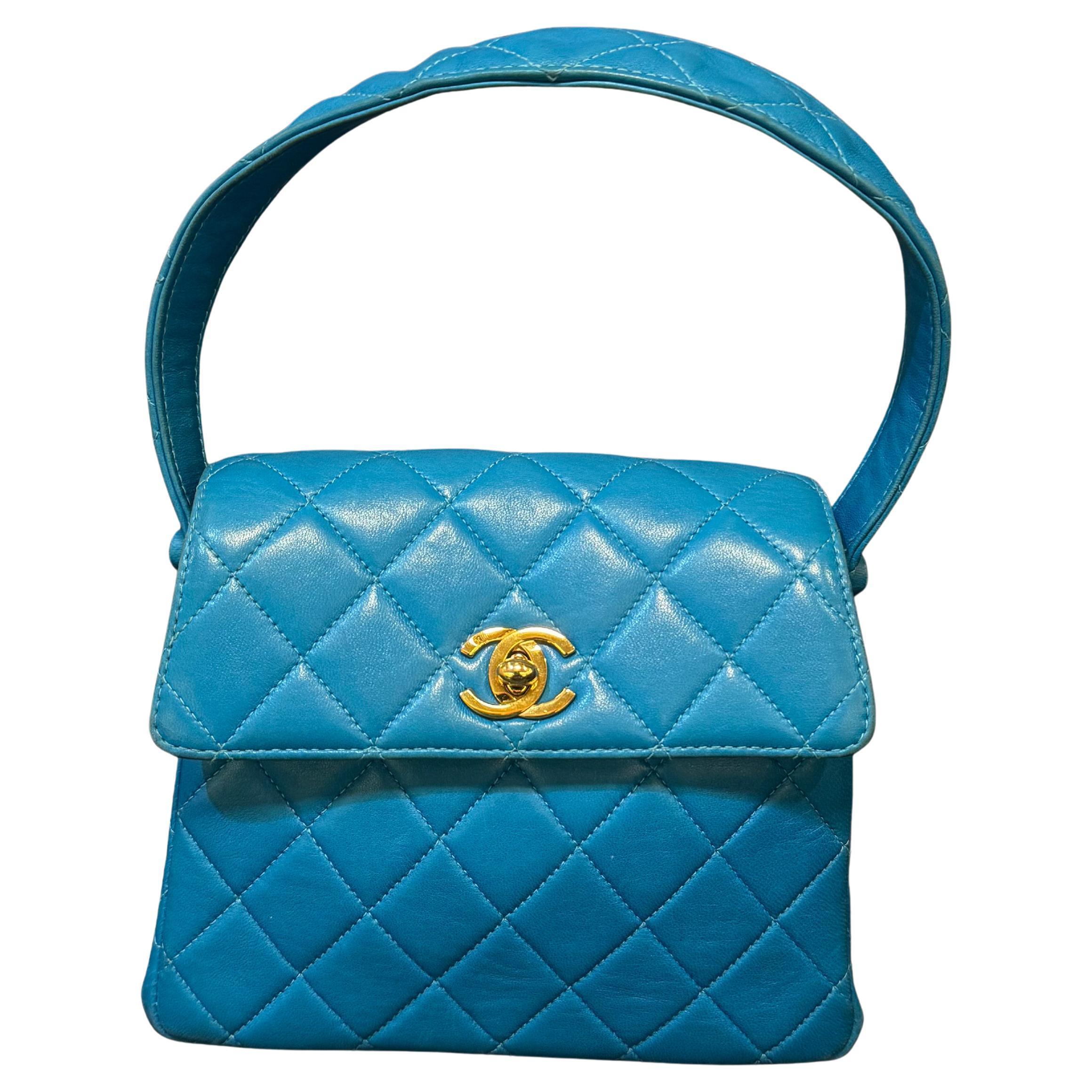 Vintage 1990s Chanel Turquoise Lambskin Quilted Mini Top Handle Flap Bag For Sale