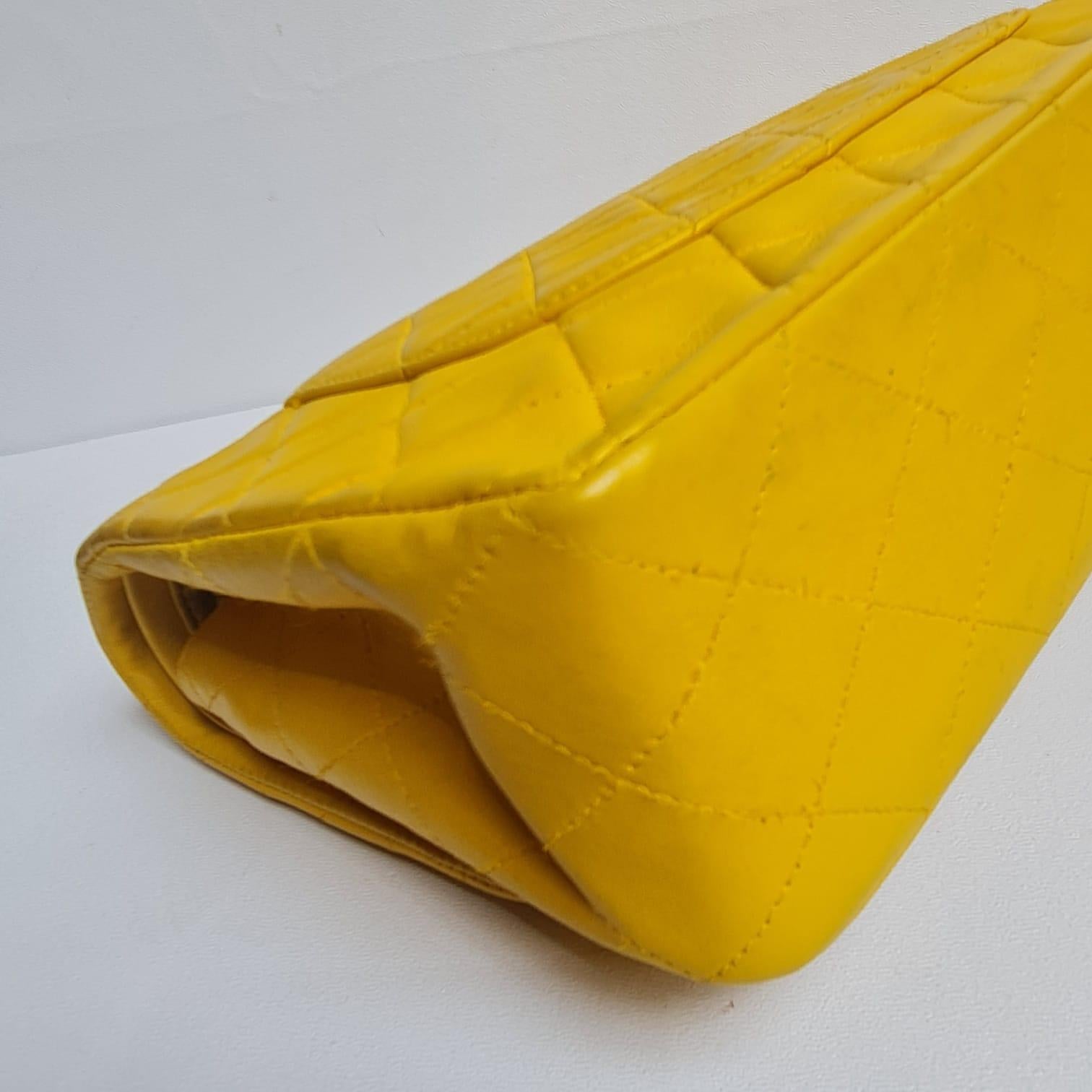 Vintage 1990s Chanel Yellow Lambskin Quilted Double Flap Bag For Sale 9