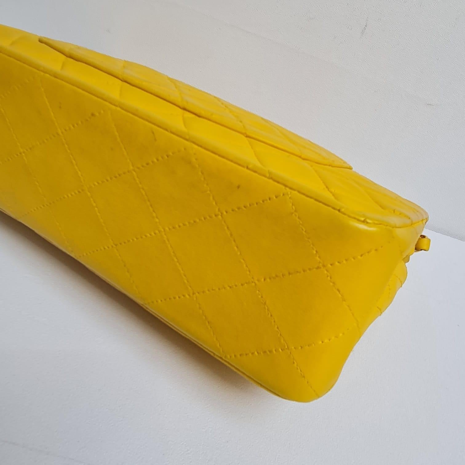 Vintage 1990s Chanel Yellow Lambskin Quilted Double Flap Bag For Sale 12