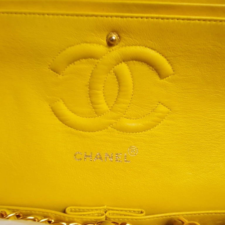 Vintage 1990s Chanel Yellow Lambskin Quilted Double Flap Bag at