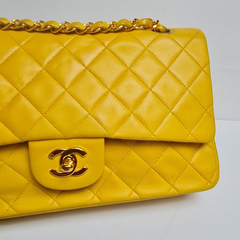 Vintage 1990s Chanel Yellow Lambskin Quilted Double Flap Bag at 