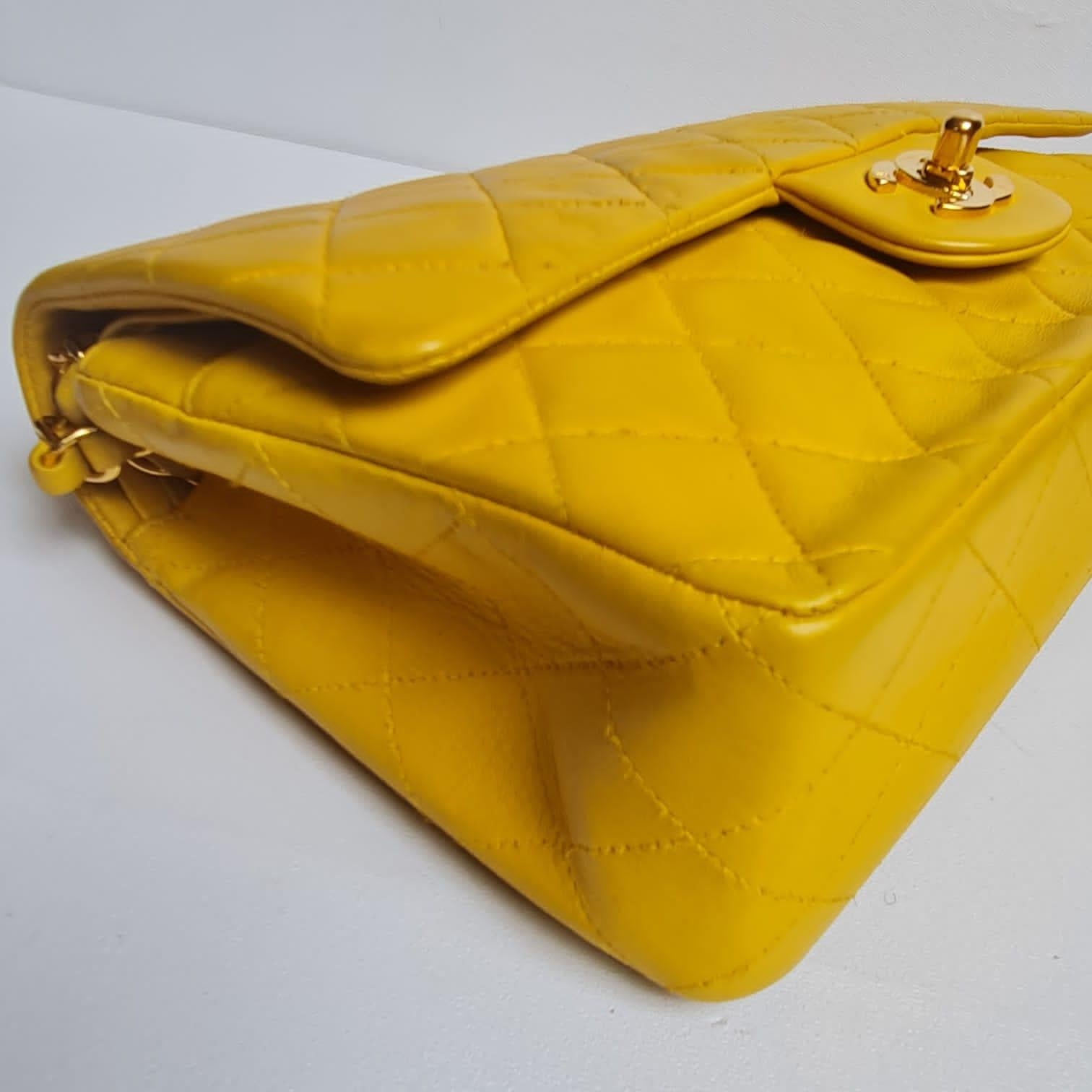 Women's or Men's Vintage 1990s Chanel Yellow Lambskin Quilted Double Flap Bag For Sale