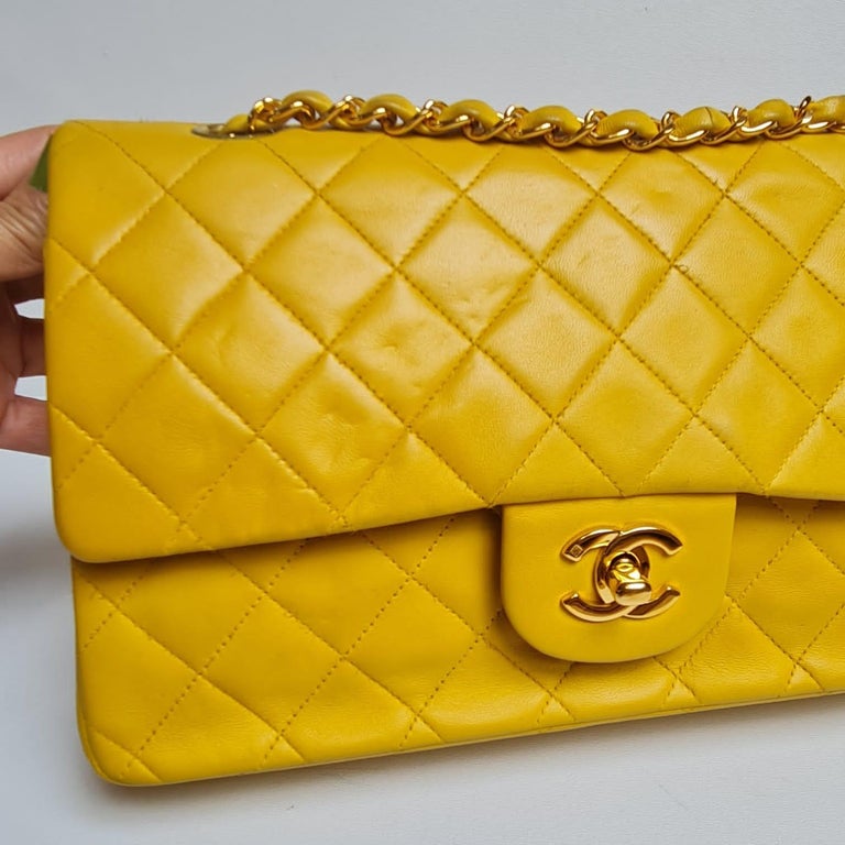 Vintage 1990s Chanel Yellow Lambskin Quilted Double Flap Bag at