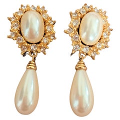Vintage 1990s Christian Dior Earrings with Pearl and Rhinestones 