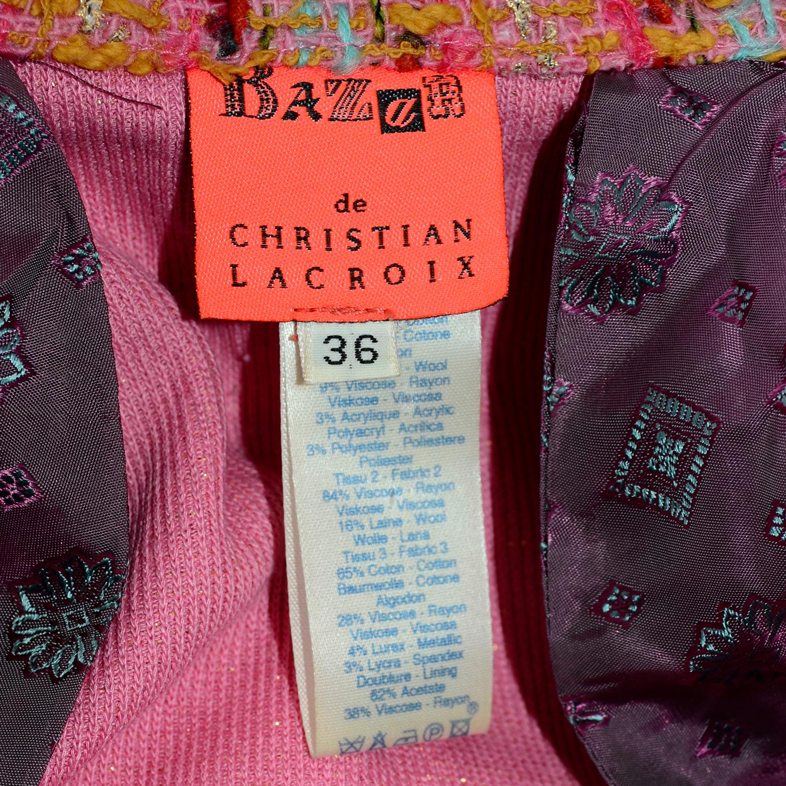 Vintage 1990s Christian Lacroix Pink Plaid Boucle Tweed Short Blazer Jacket 3