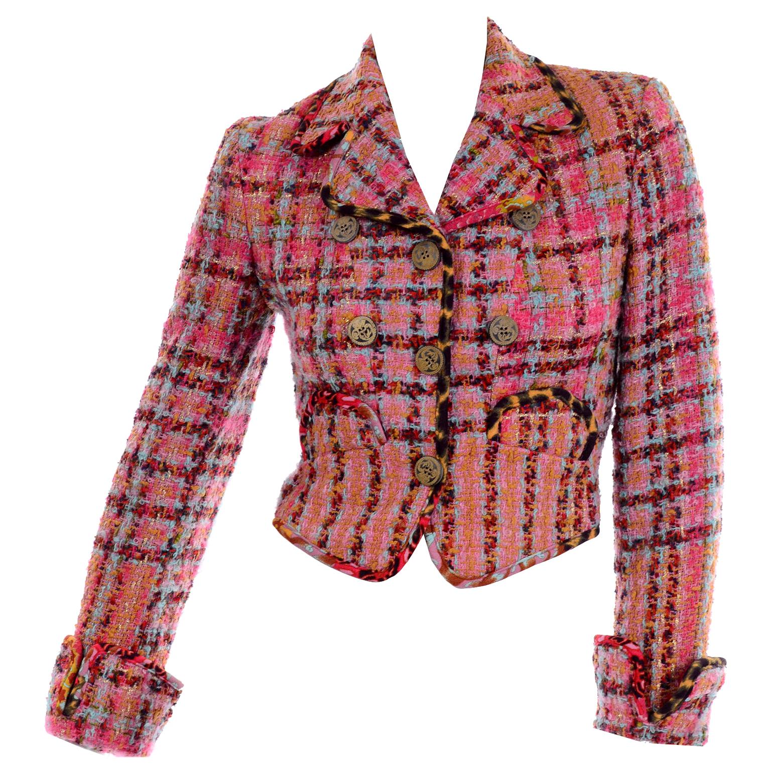 Vintage 1990s Christian Lacroix Pink Plaid Boucle Tweed Short Blazer Jacket
