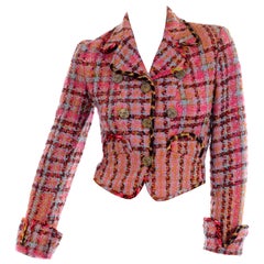 Vintage 1990er Christian Lacroix Rosa karierten Boucle Tweed kurze Blazer Jacke