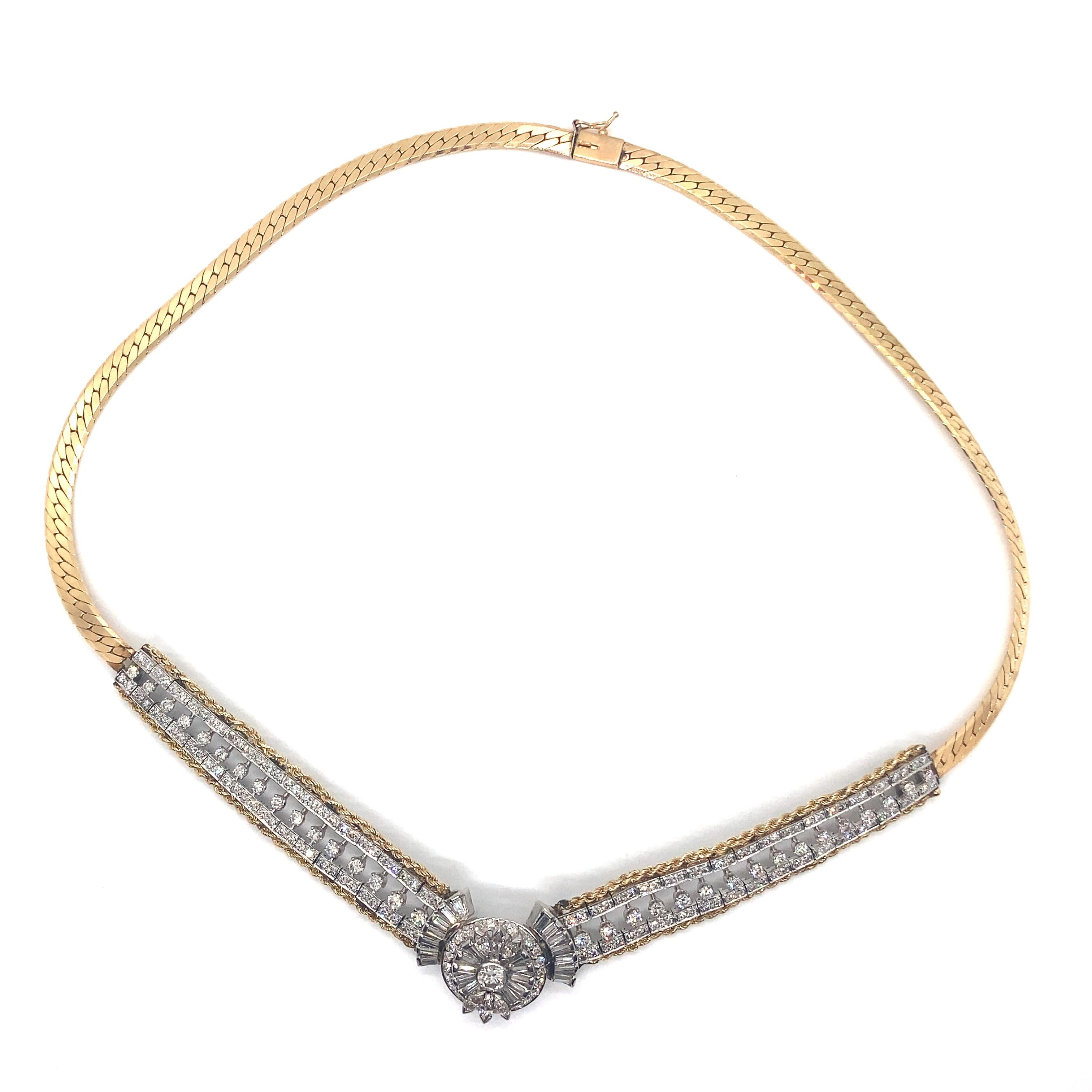 Vintage 1990's Chunky Statement Necklace With Diamonds - The necklace contains 181 round diamonds weighing approximately 4.80ct total weight, 6 marquises weighing approximately .50ct total weight and 24 straight baguette diamonds weighing .75ct