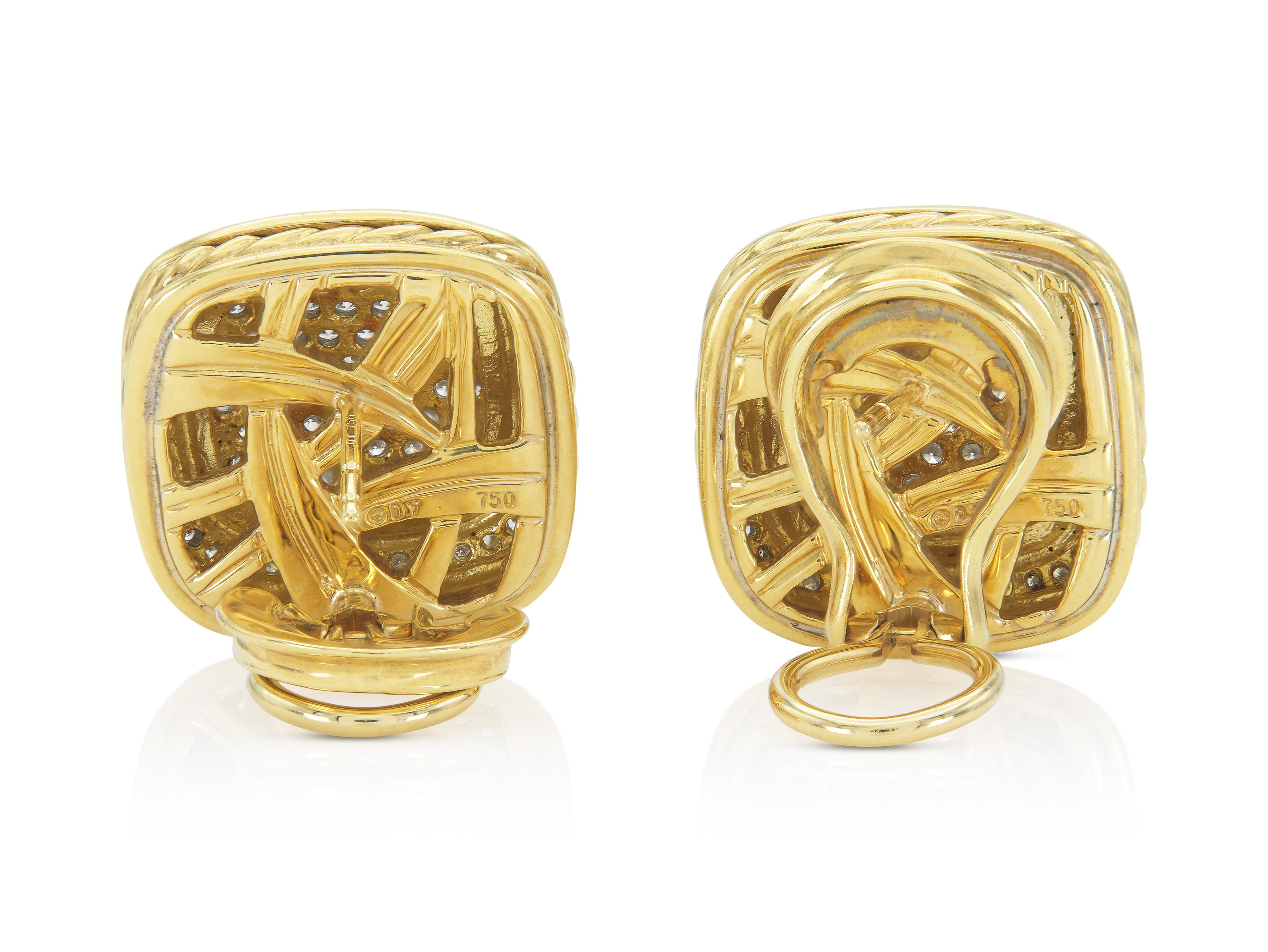 Vintage 1990s David Yurman Gold and Diamond Square Earrings In Good Condition For Sale In New York, NY